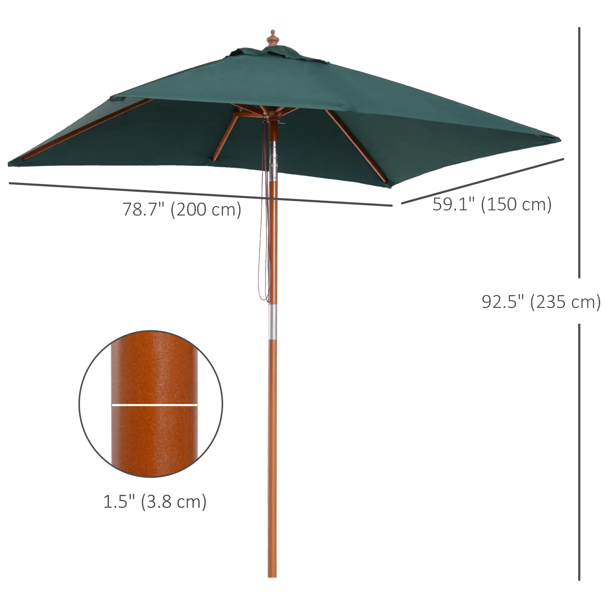 6.6x5ft Square Wooden Patio Umbrella, Tilt Mechanism, 6 Bamboo Ribs, Green - Image 3