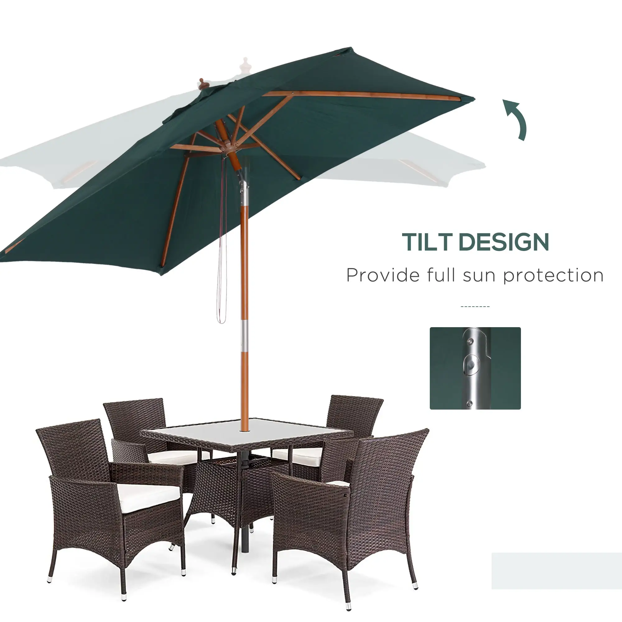 6.6x5ft Square Wooden Patio Umbrella, Tilt Mechanism, 6 Bamboo Ribs, Green - Image 4