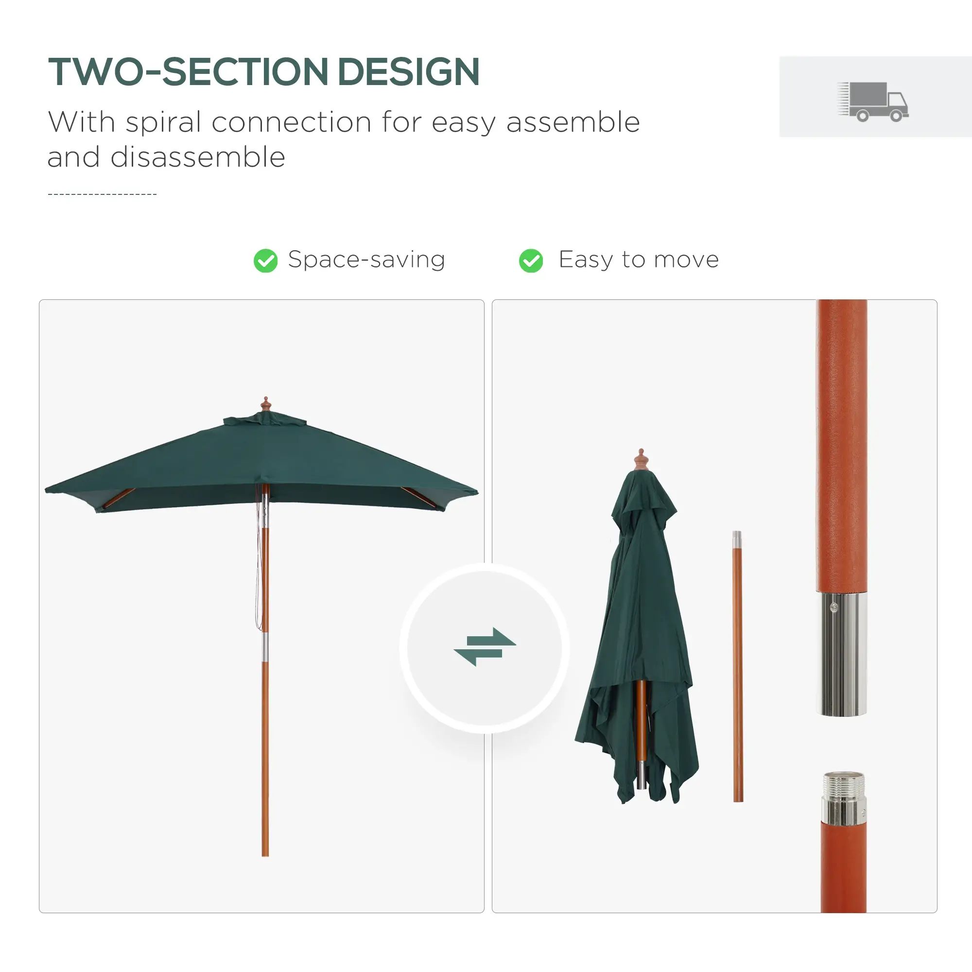 6.6x5ft Square Wooden Patio Umbrella, Tilt Mechanism, 6 Bamboo Ribs, Green - Image 7