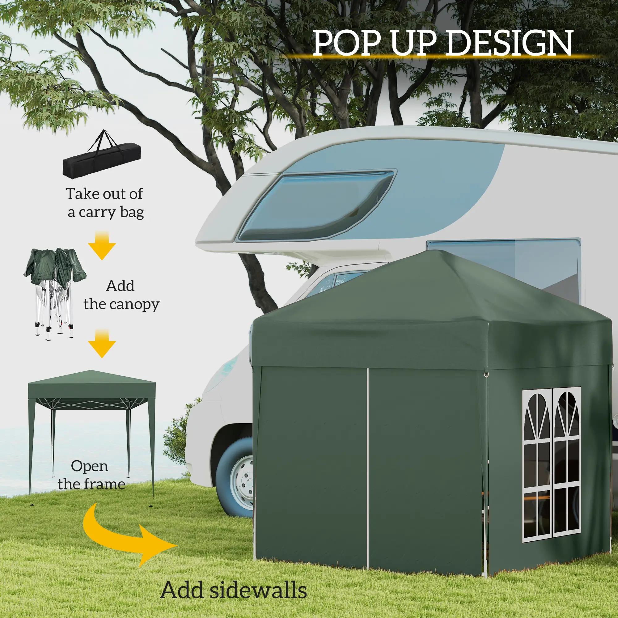 6.6'x6.6' Pop Up Canopy Tent, with Sidewalls, Carry Bag, Green - Image 4