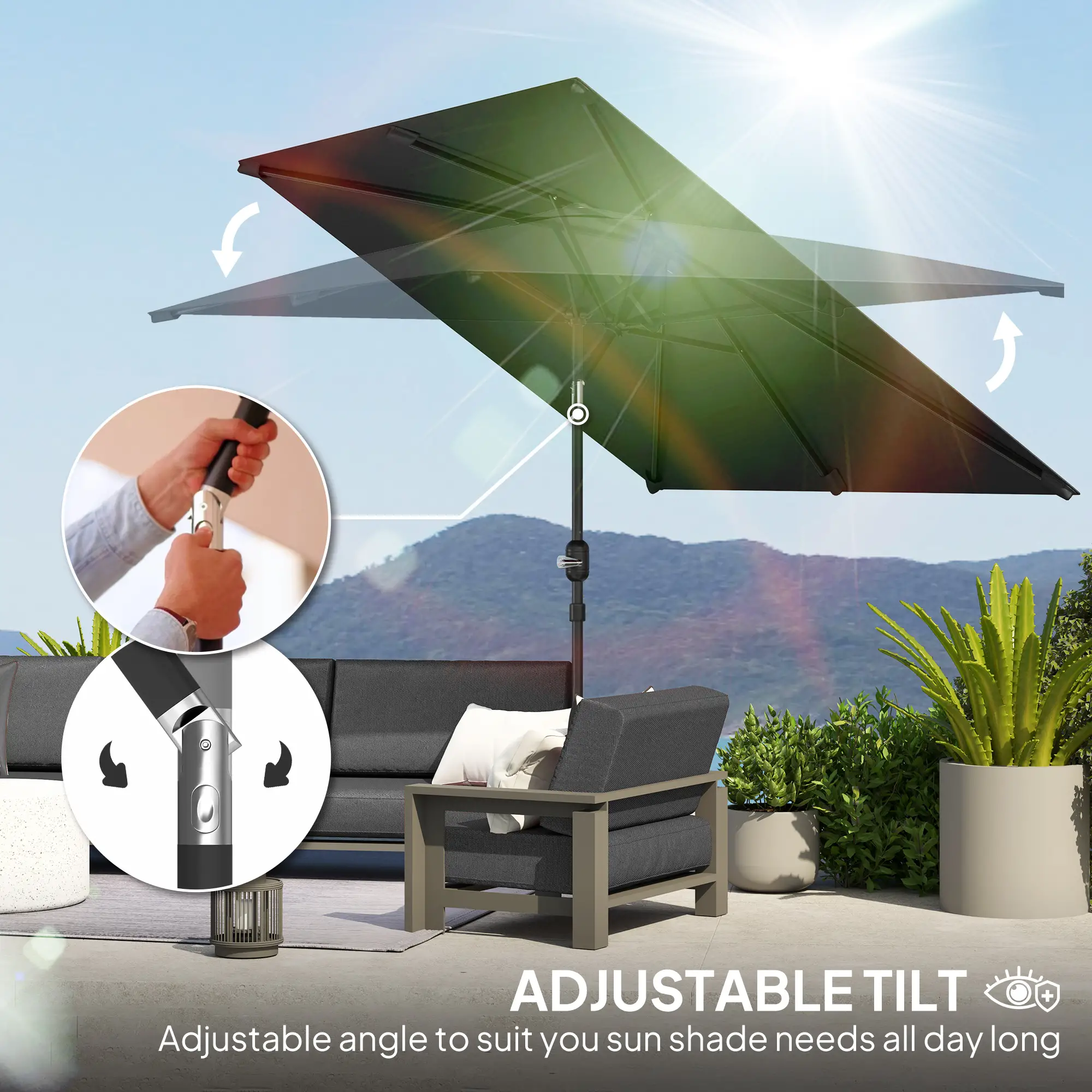 6.6x9.6ft Rectangle Aluminum Patio Umbrella, Outdoor Sunshade Canopy, Dark Grey - Image 4
