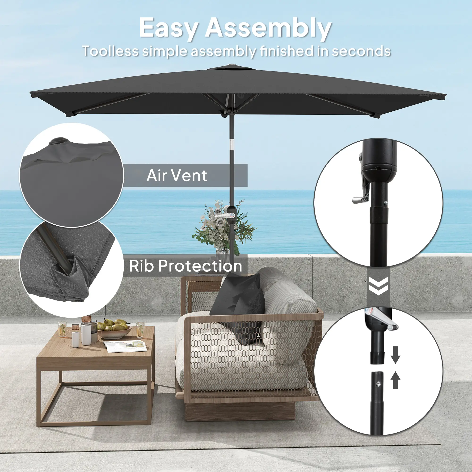 6.6x9.6ft Rectangle Aluminum Patio Umbrella, Outdoor Sunshade Canopy, Dark Grey - Image 6
