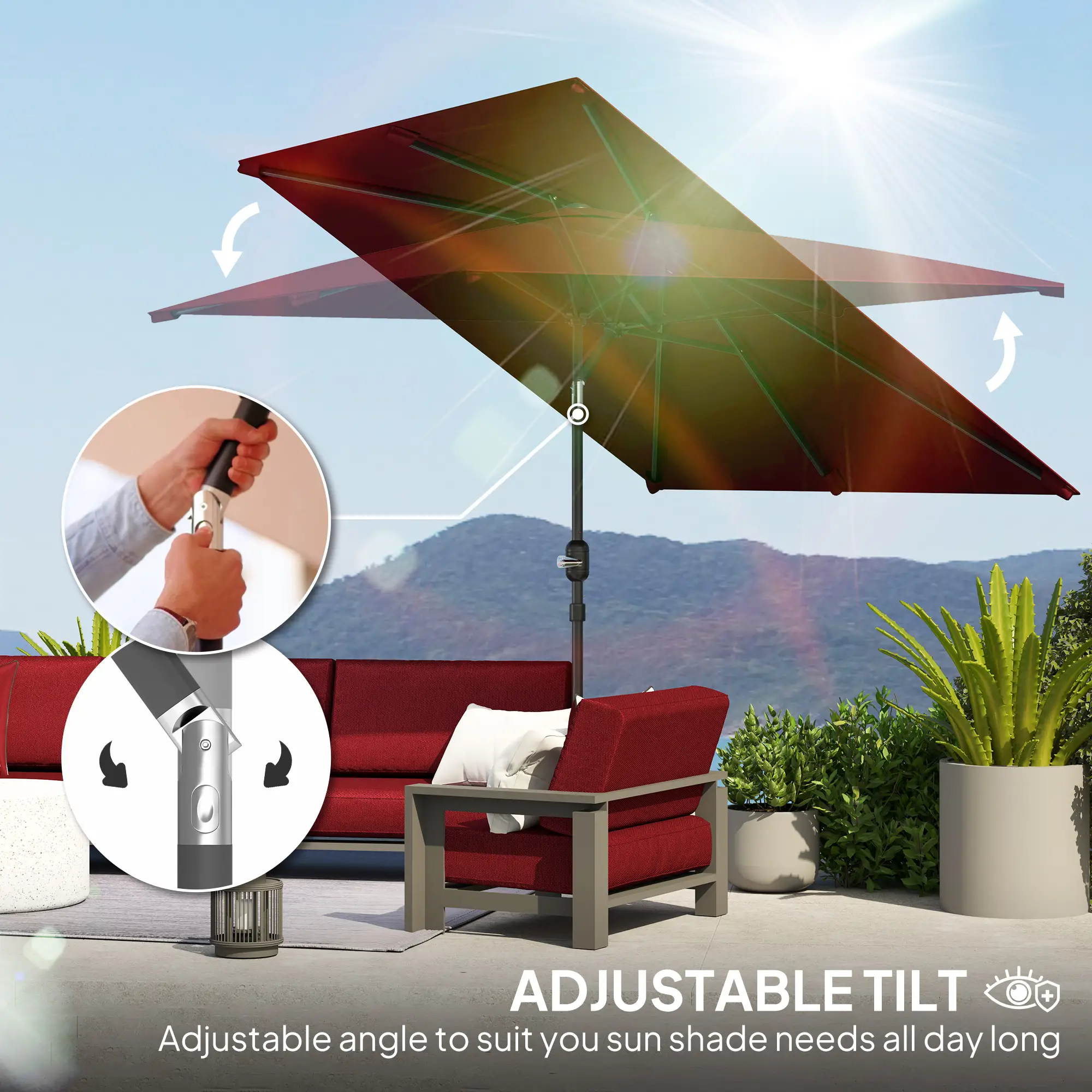 6.6x9.6ft Rectangle Aluminum Tilt Patio Umbrella, Outdoor Sunshade, Wine Red - Image 4