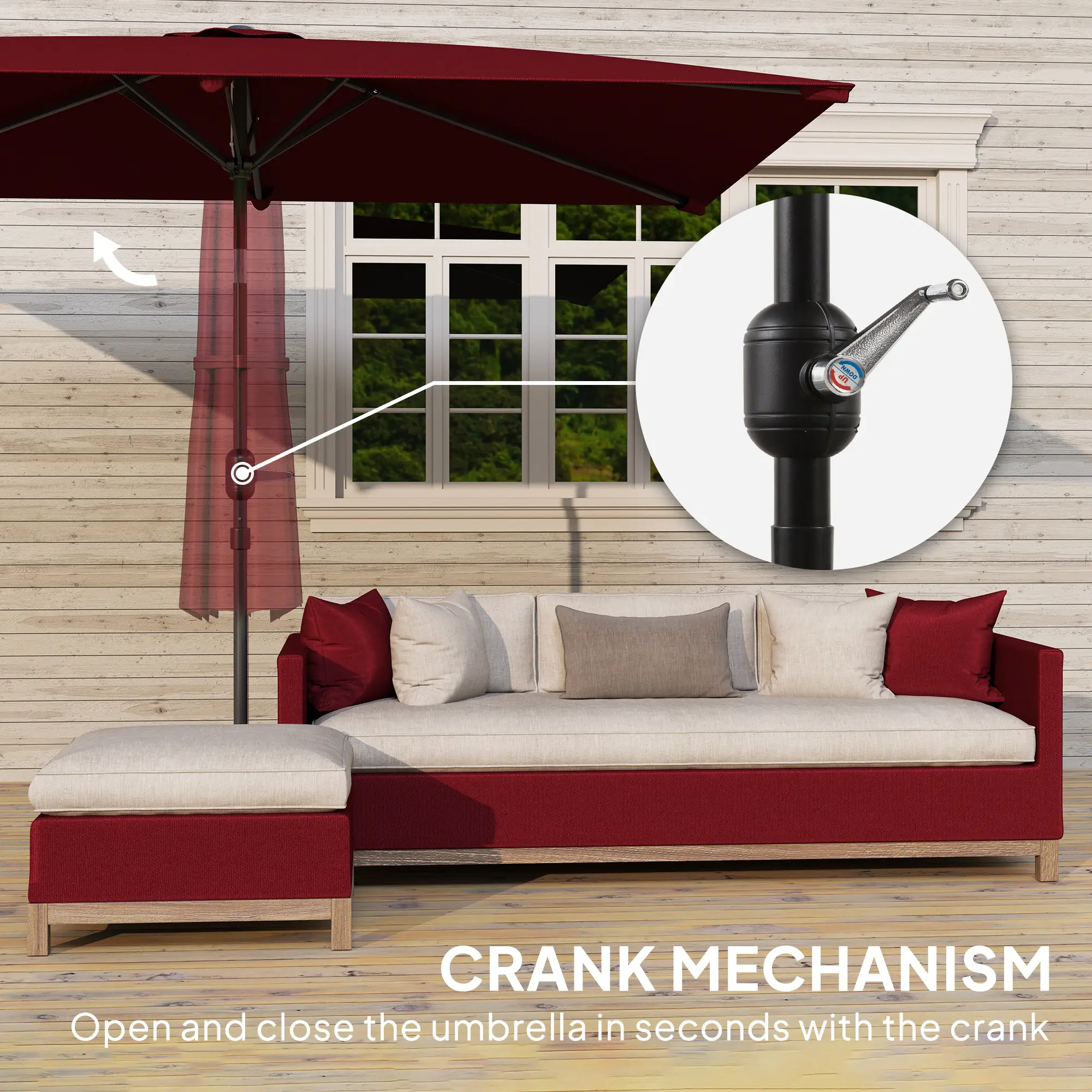 6.6x9.6ft Rectangle Aluminum Tilt Patio Umbrella, Outdoor Sunshade, Wine Red - Image 5