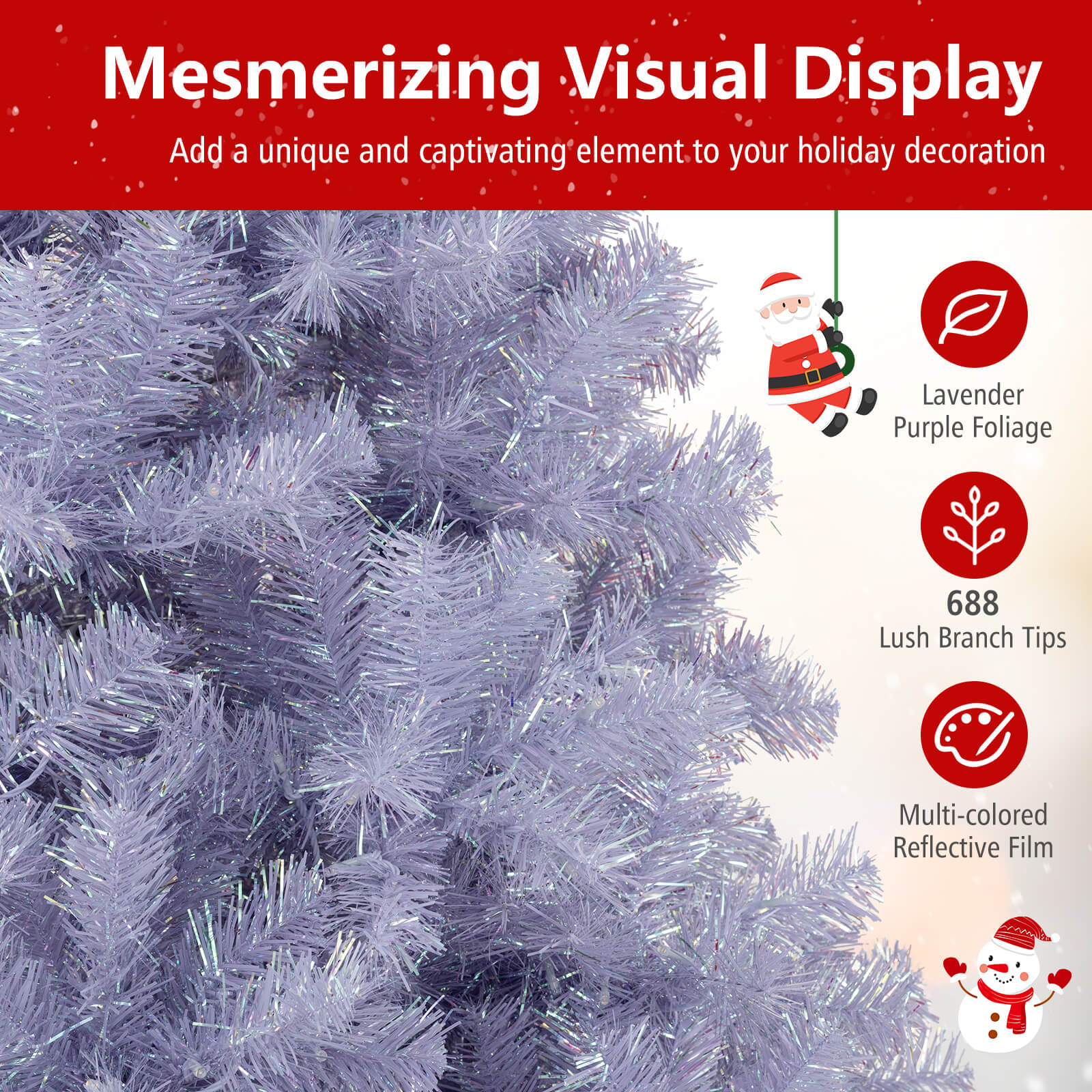 6/7.5 FT Pre-Lit Tinsel Artificial Christmas Tree, Purple - Image 8