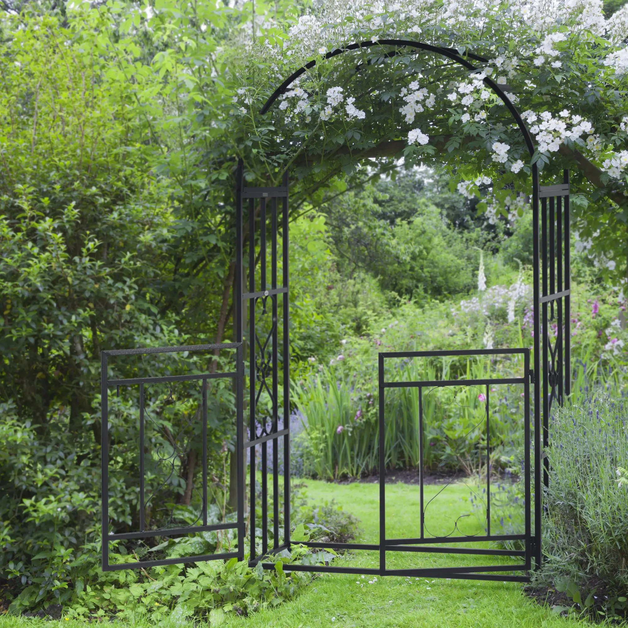 6.7 FT Steel Garden Arch with Gate, Outdoor Arbor for Vines, Dark Grey - Image 2
