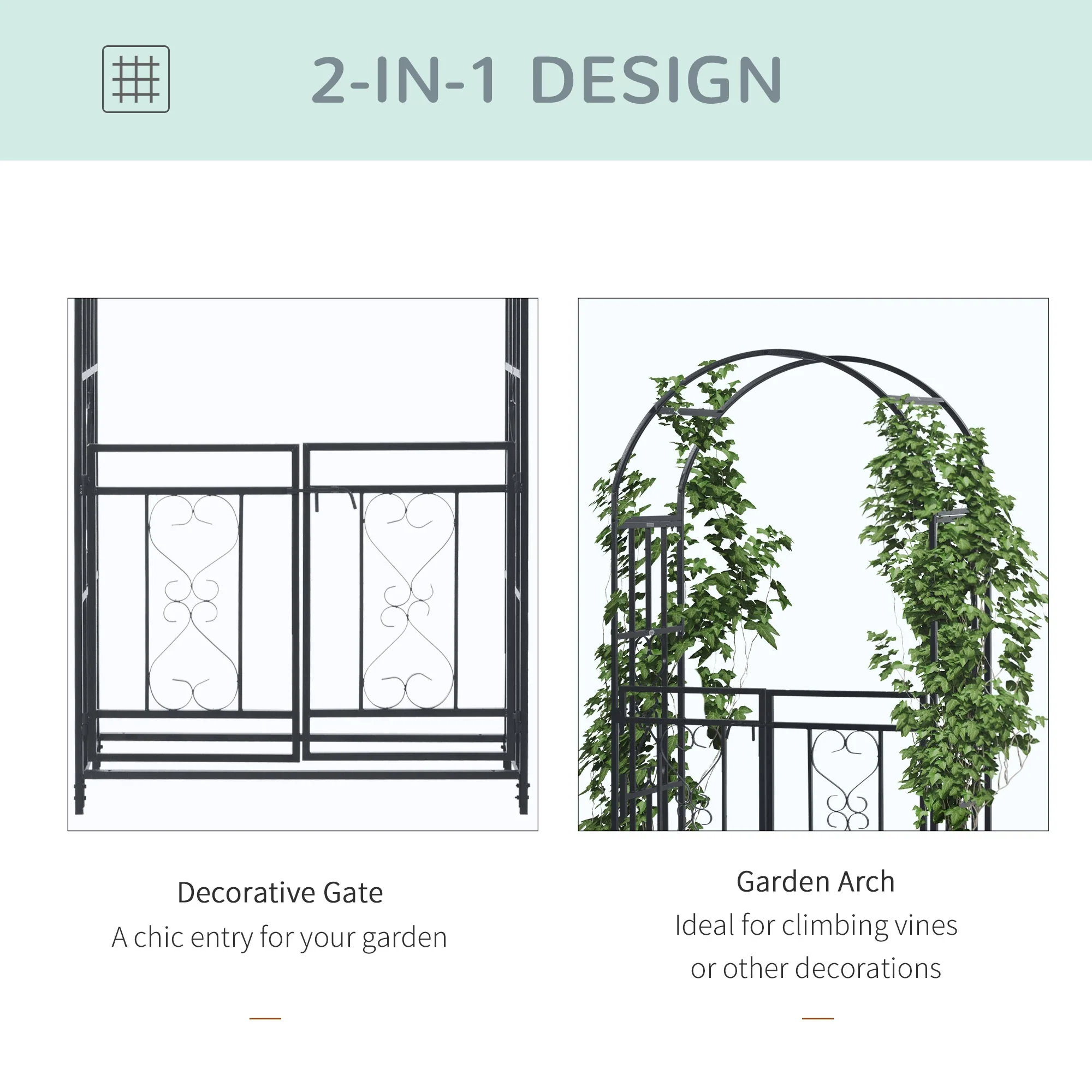 6.7 FT Steel Garden Arch with Gate, Outdoor Arbor for Vines, Dark Grey - Image 4