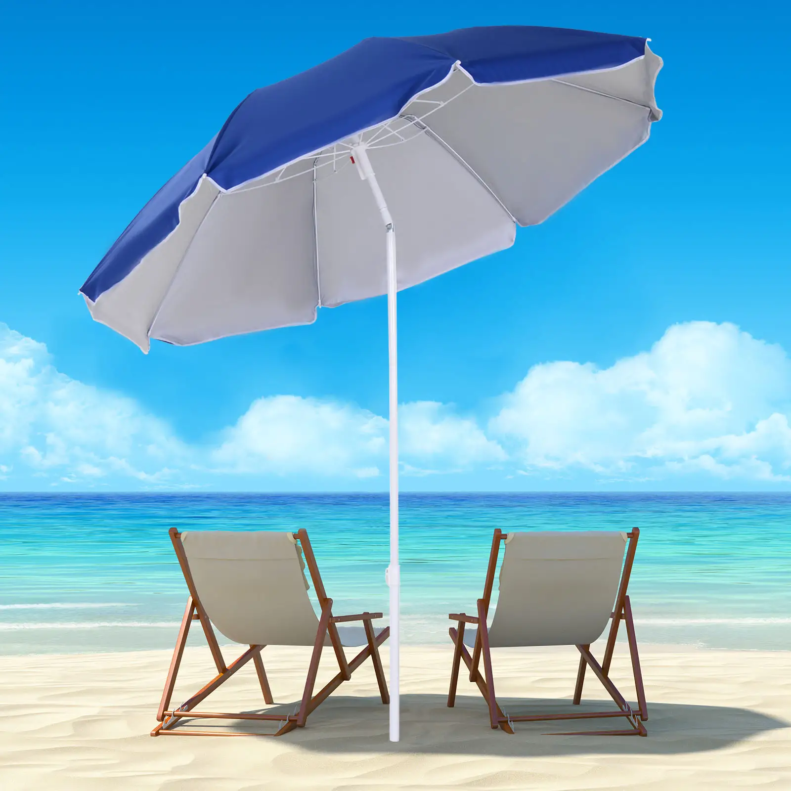 6.7ft Beach Umbrella, Push Button Tilt, Ruffled, Blue - Image 2