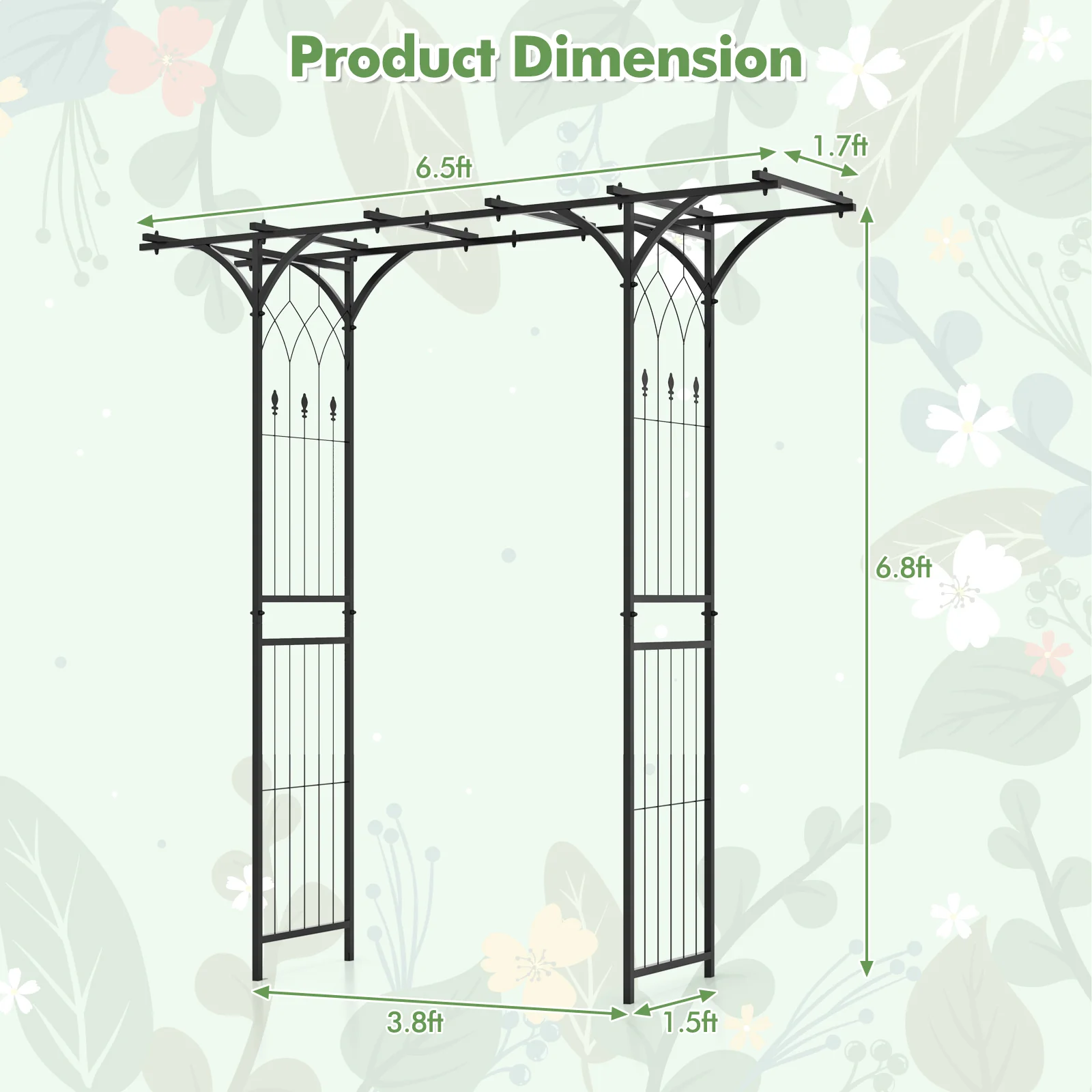 6.8 Feet Garden Arbor With Trellises, Black - Image 5
