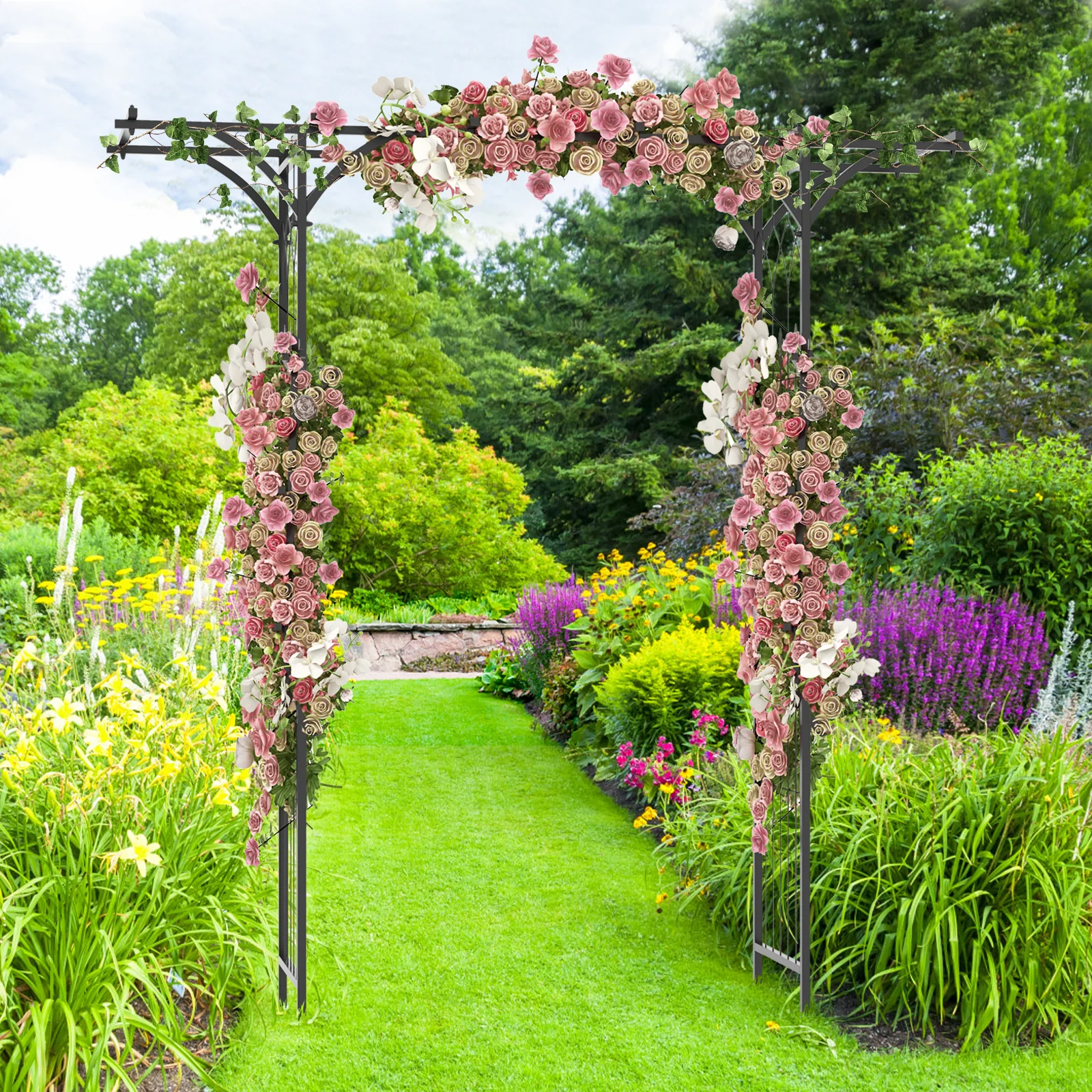 6.8 Feet Garden Arbor With Trellises, Black - Image 6