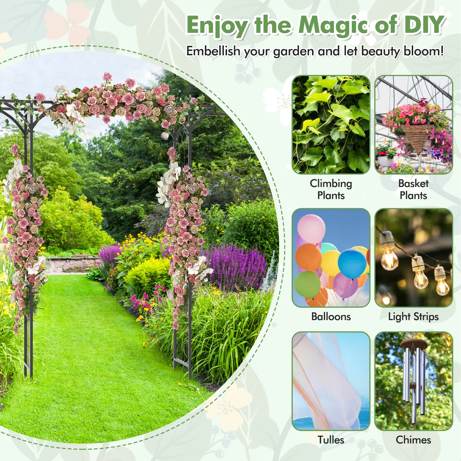 6.8 Feet Garden Arbor With Trellises, Black - Image 8