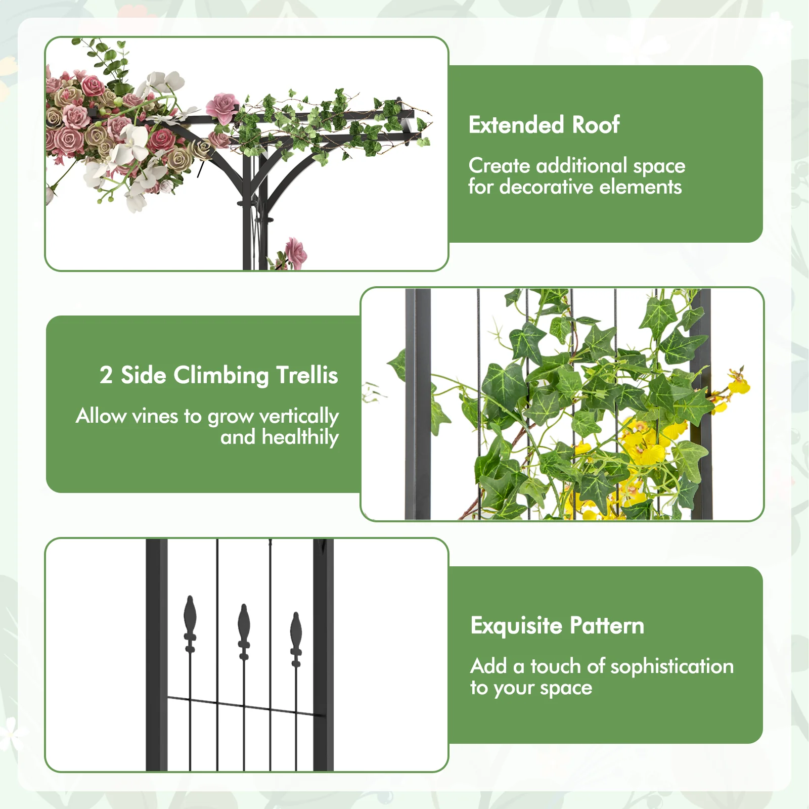 6.8 Feet Garden Arbor With Trellises, Black - Image 9