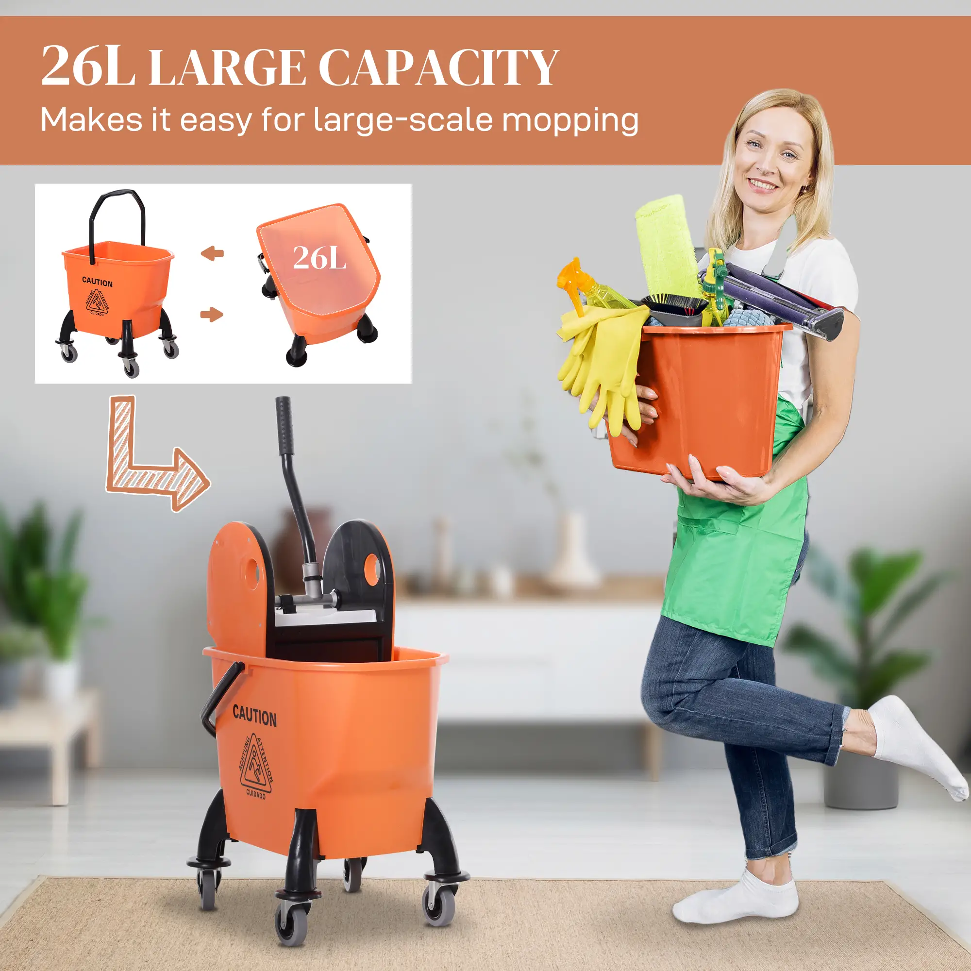 6.9 Gal/26L Mop Bucket With Wringer, Wheels, Handle, Orange - Image 4