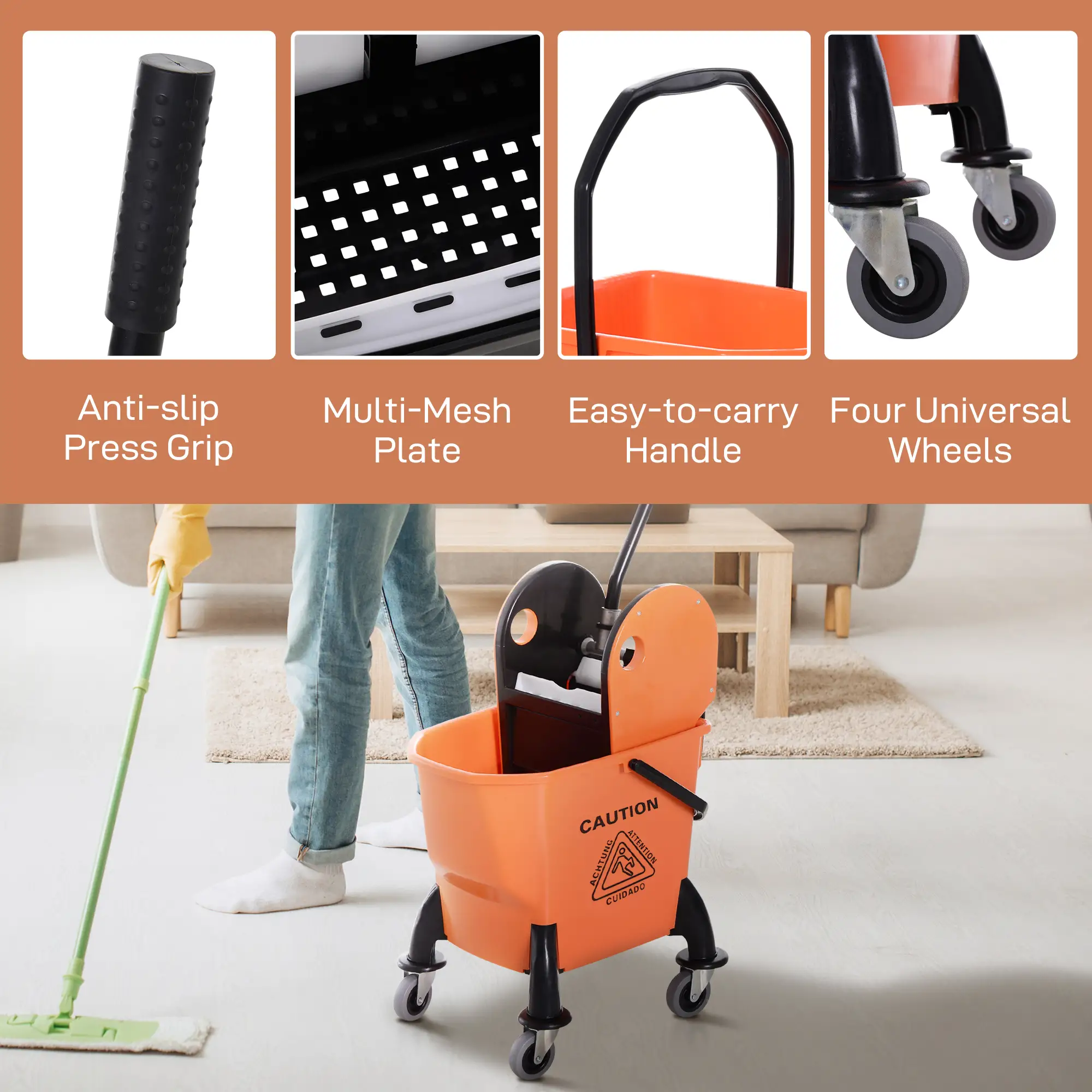6.9 Gal/26L Mop Bucket With Wringer, Wheels, Handle, Orange - Image 7