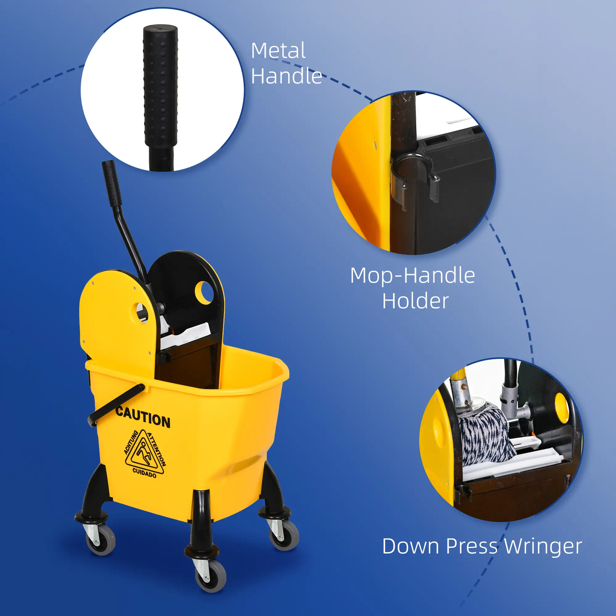 6.9 Gal/26L Mop Bucket With Wringer, Wheels, Handle, Yellow - Image 6