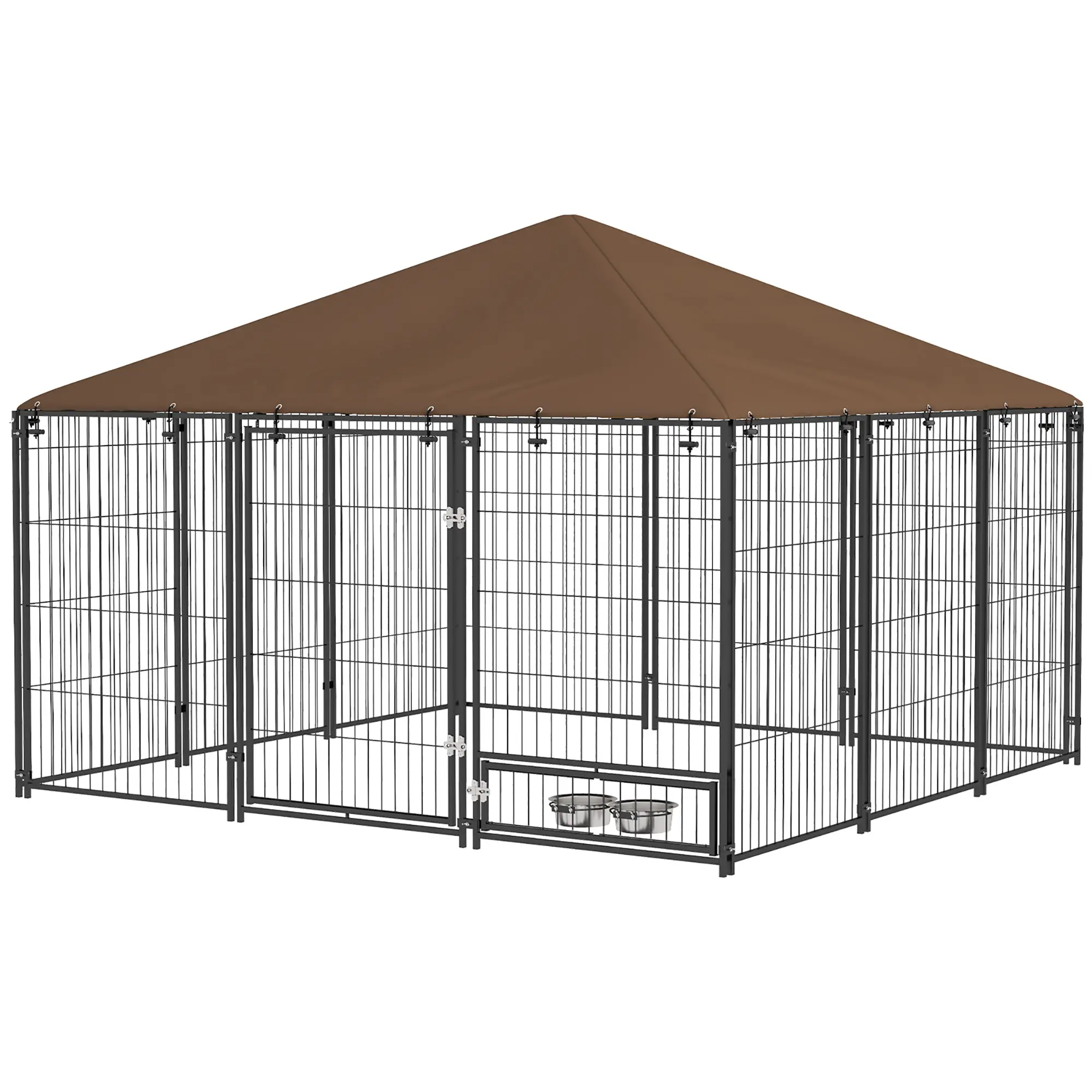 6.9' x 4.6' x 5' Outdoor Dog Kennel, Canopy, Rotating Bowls, Coffee
