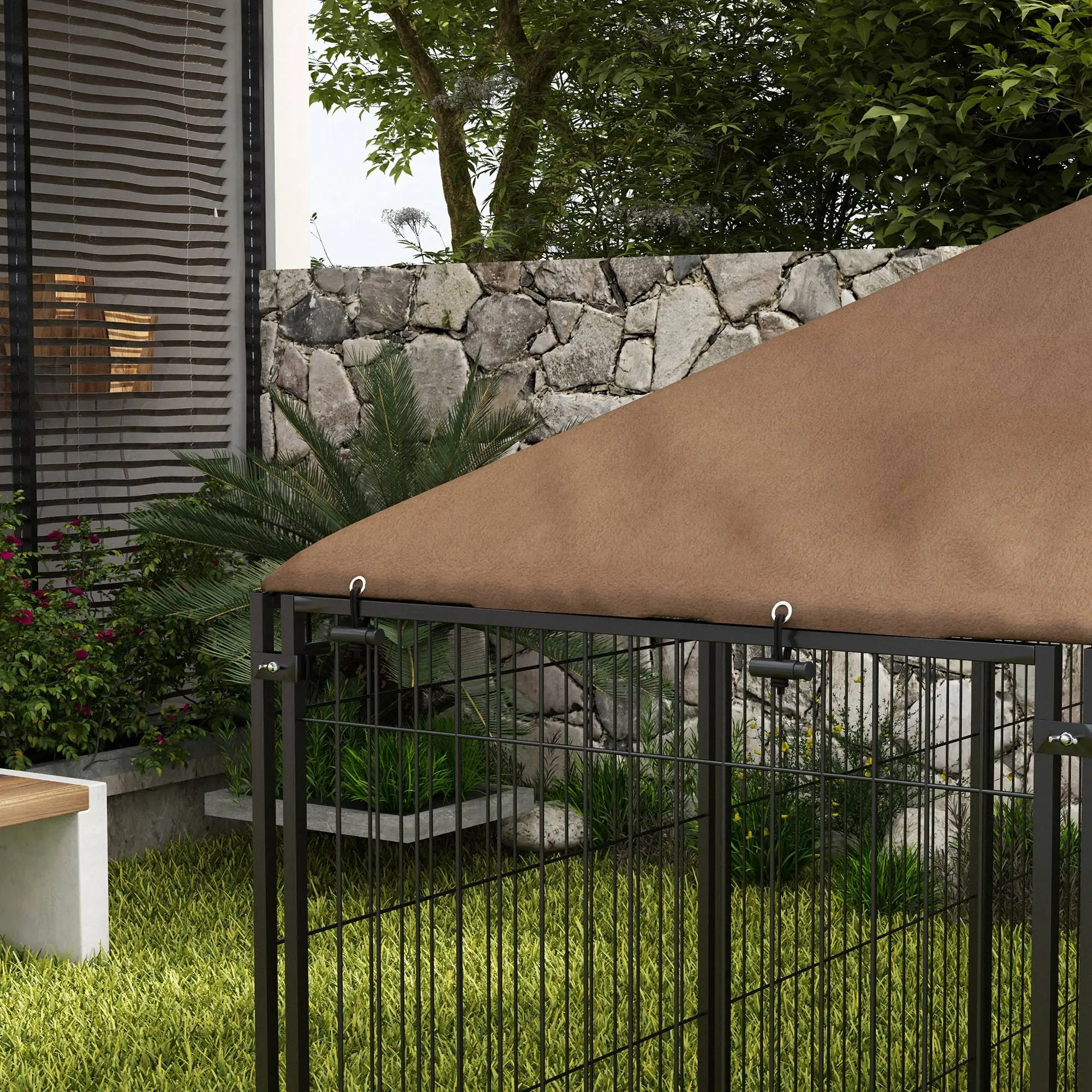 6.9' x 4.6' x 5' Outdoor Dog Kennel, Canopy, Rotating Bowls, Coffee - Image 10