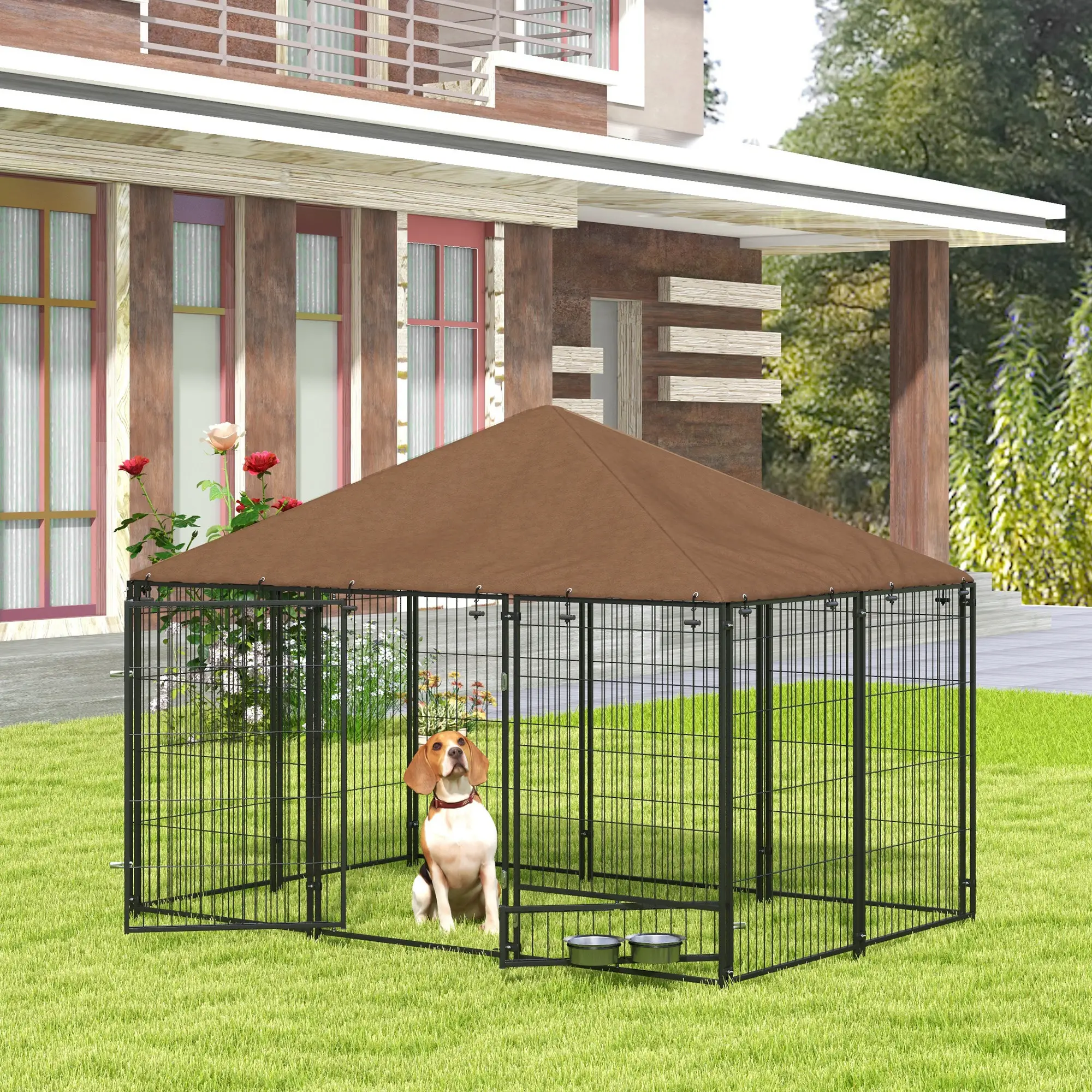 6.9' x 4.6' x 5' Outdoor Dog Kennel, Canopy, Rotating Bowls, Coffee - Image 2