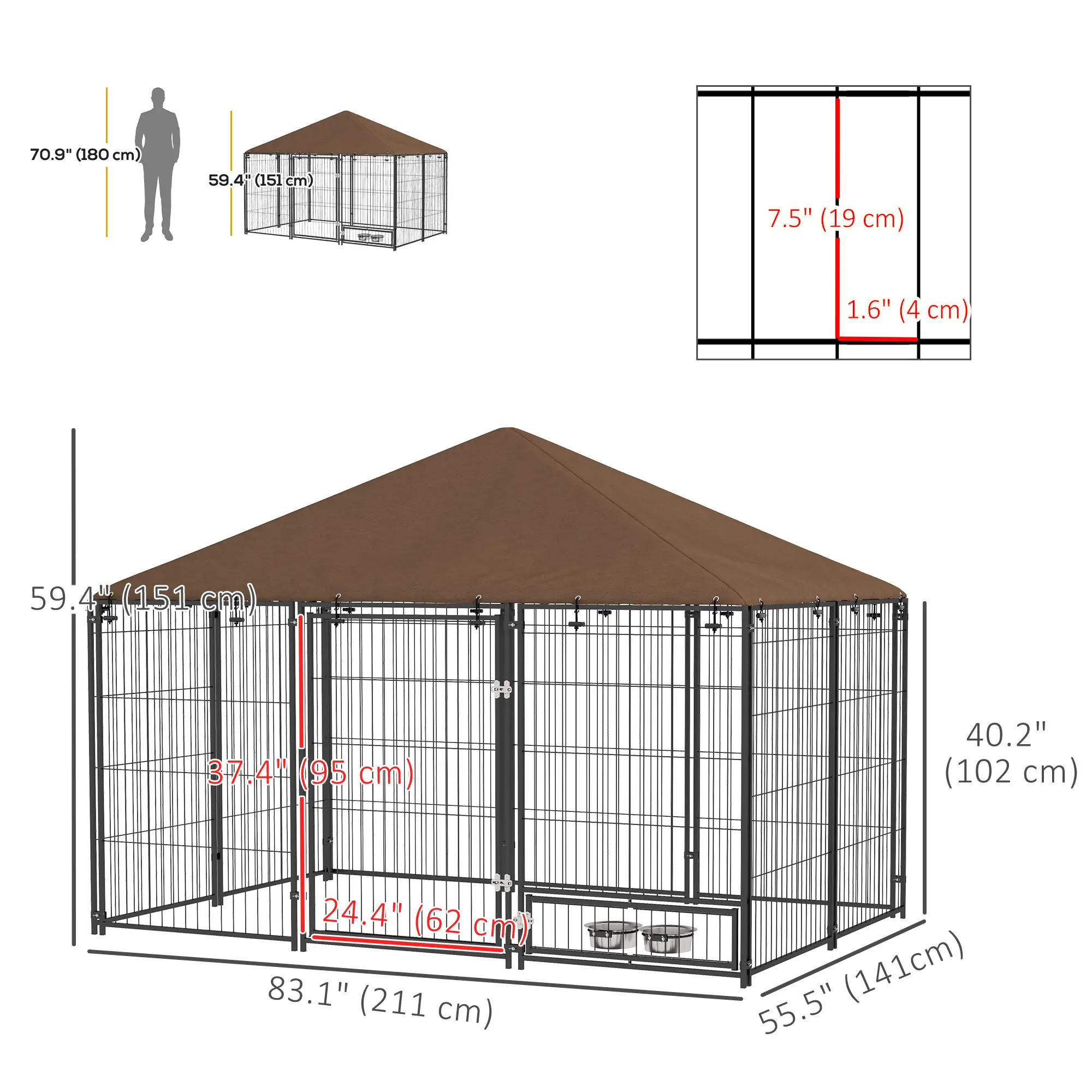 6.9' x 4.6' x 5' Outdoor Dog Kennel, Canopy, Rotating Bowls, Coffee - Image 3