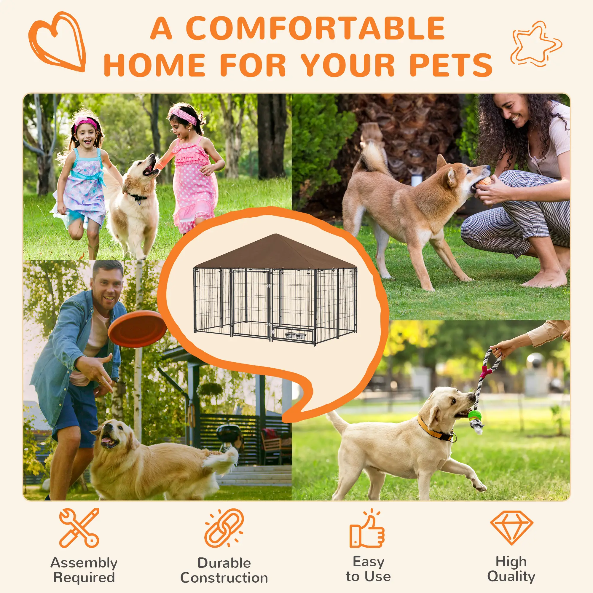 6.9' x 4.6' x 5' Outdoor Dog Kennel, Canopy, Rotating Bowls, Coffee - Image 4