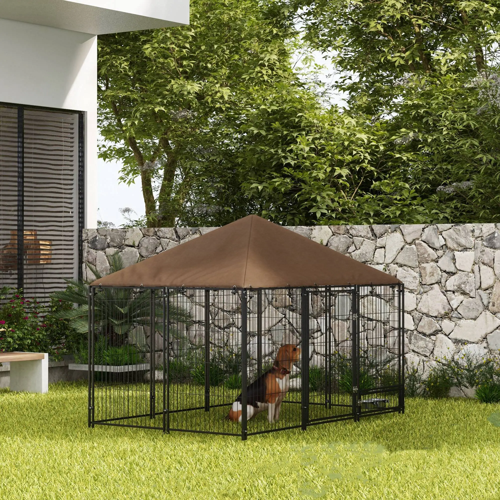 6.9' x 4.6' x 5' Outdoor Dog Kennel, Canopy, Rotating Bowls, Coffee - Image 8