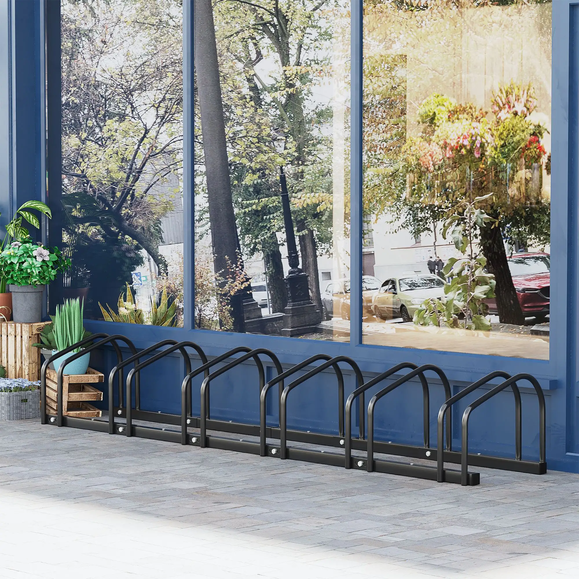 6-Bike Bicycle Floor Parking Rack, Cycling Storage Stand, Black - Image 2