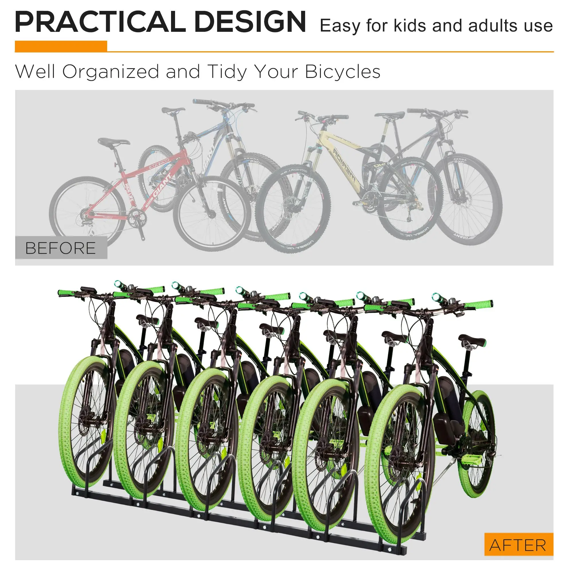 6-Bike Bicycle Floor Parking Rack, Cycling Storage Stand, Black - Image 7