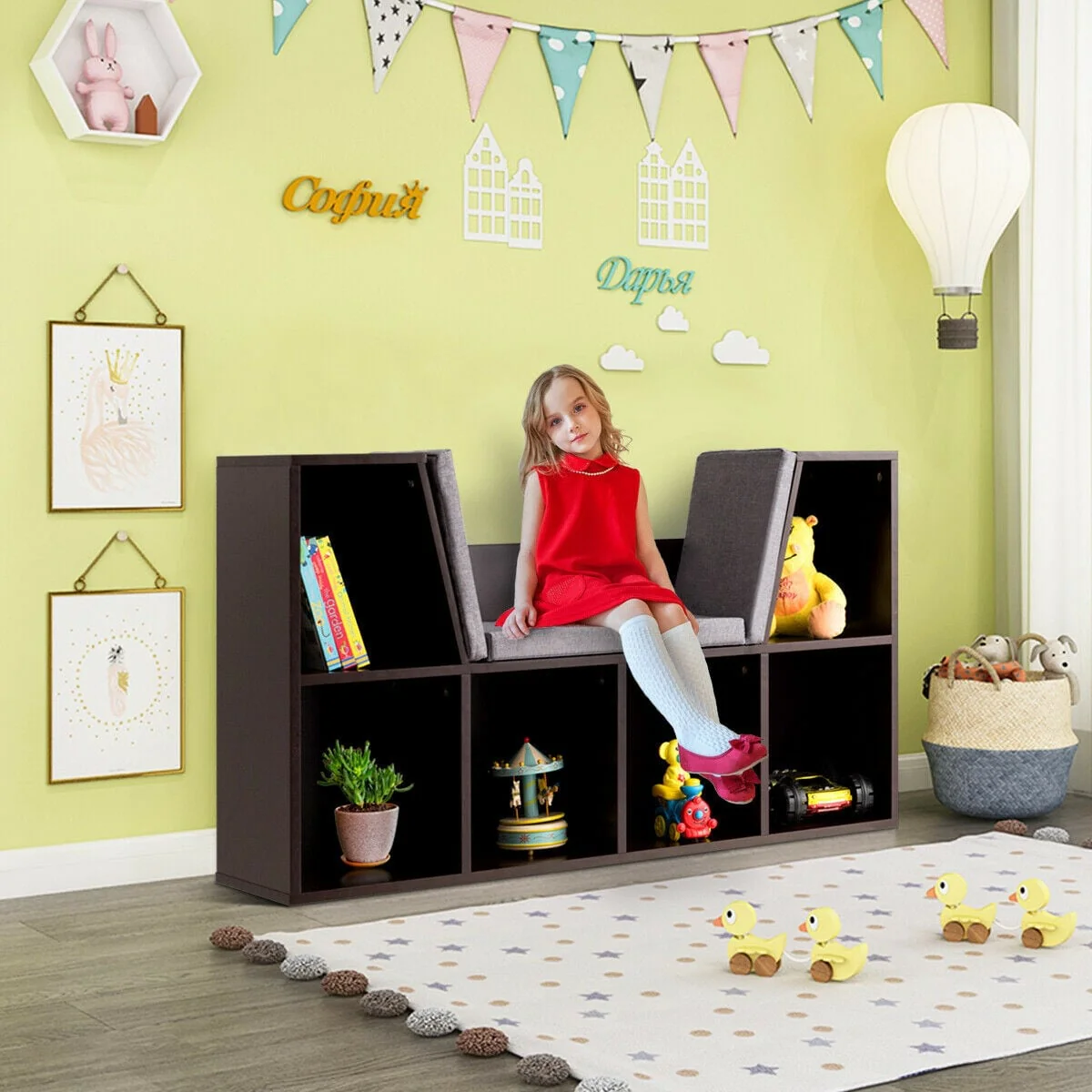 6-Cubby Kid Storage Bookcase, Cushioned Reading Nook, Brown - Image 2