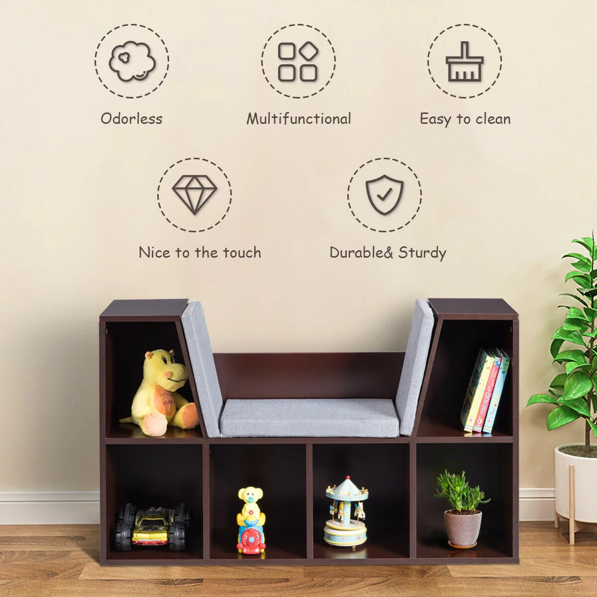 6-Cubby Kid Storage Bookcase, Cushioned Reading Nook, Brown - Image 4