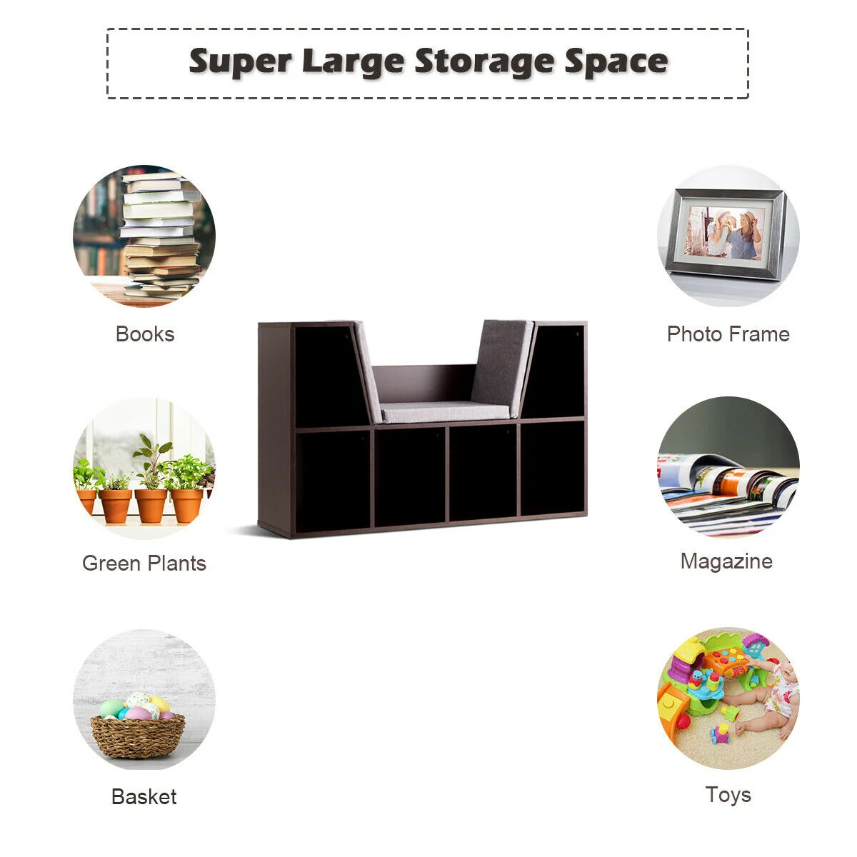 6-Cubby Kid Storage Bookcase, Cushioned Reading Nook, Brown - Image 7