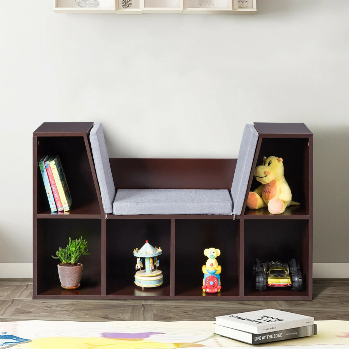 6-Cubby Kid Storage Bookcase, Cushioned Reading Nook, Brown - Image 9