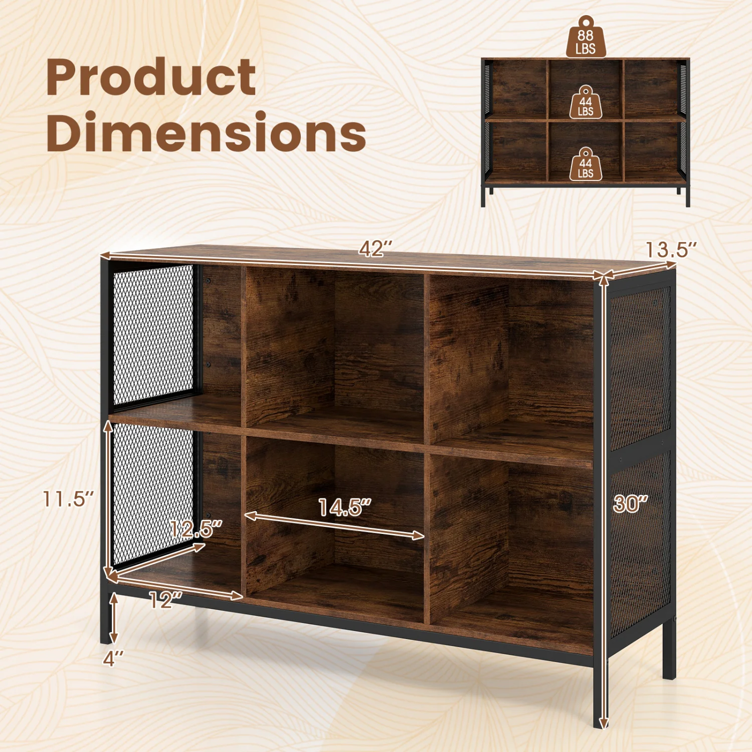 6 Cube Bookcase, 42" Wide, Horizontal Bookshelf - Image 5
