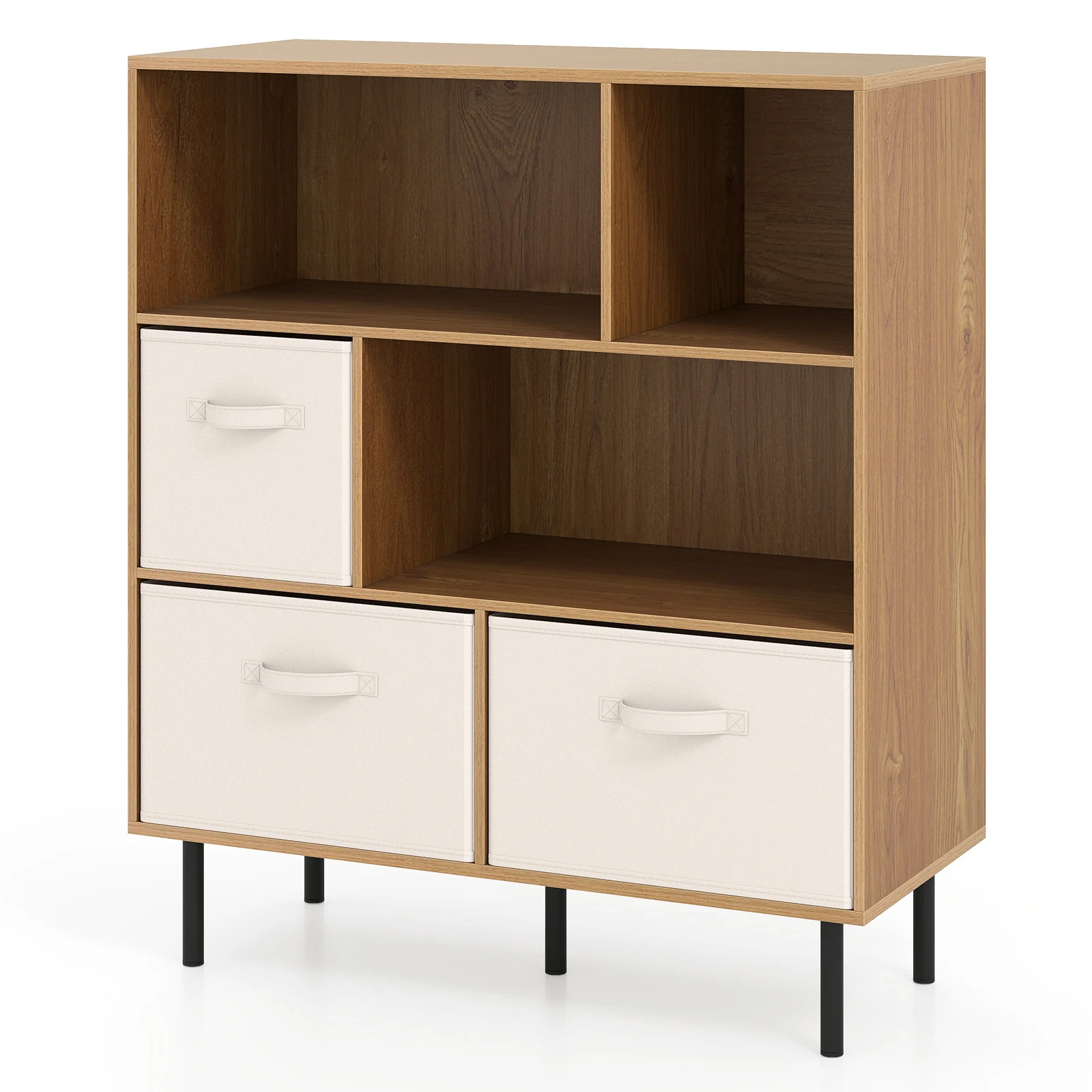 6-Cube Bookshelf with 3 Removable Folding Fabric Drawers for Living Room, Natural