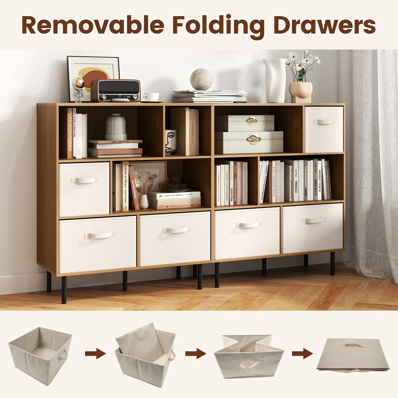 6-Cube Bookshelf with 3 Removable Folding Fabric Drawers for Living Room, Natural - Image 10