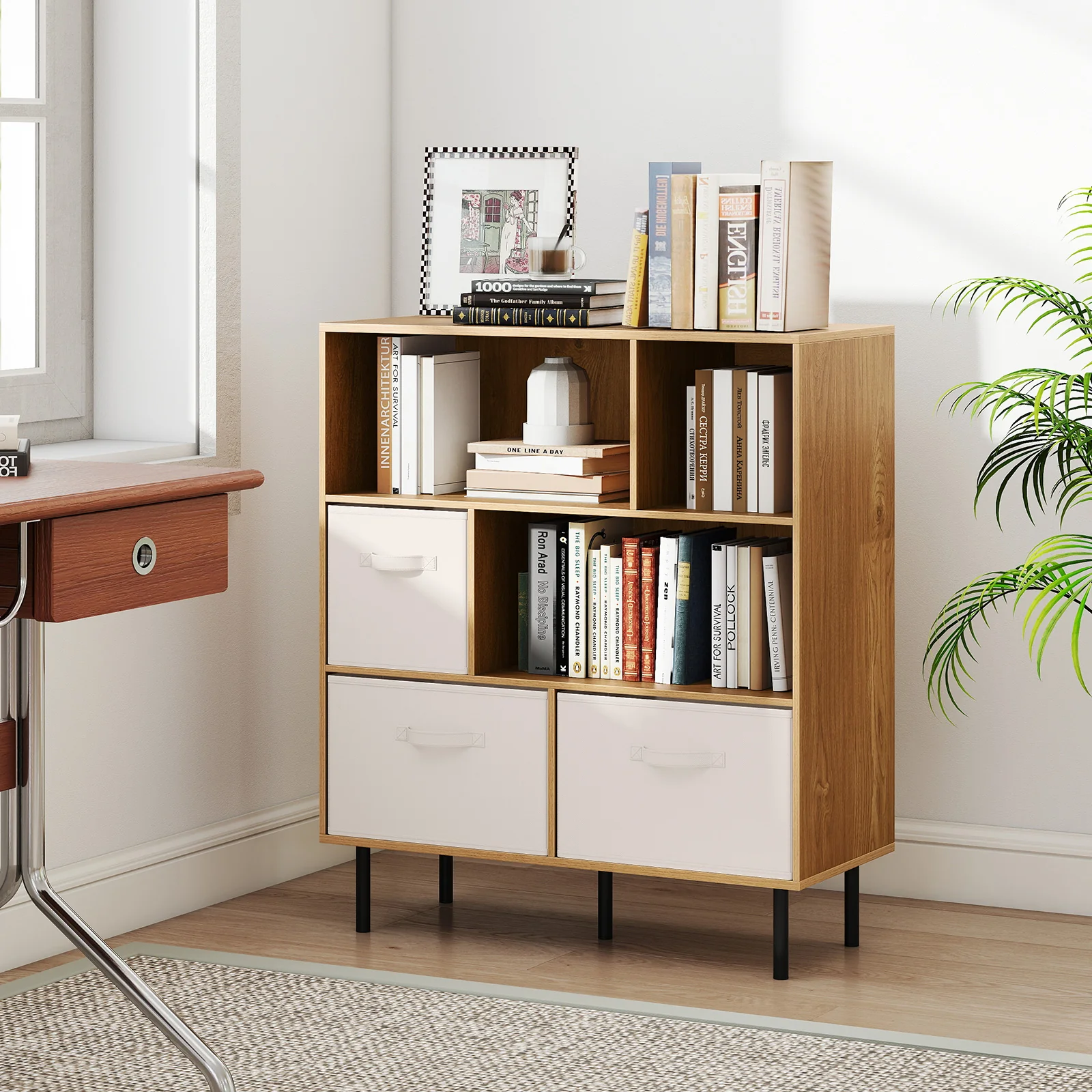 6-Cube Bookshelf with 3 Removable Folding Fabric Drawers for Living Room, Natural - Image 2