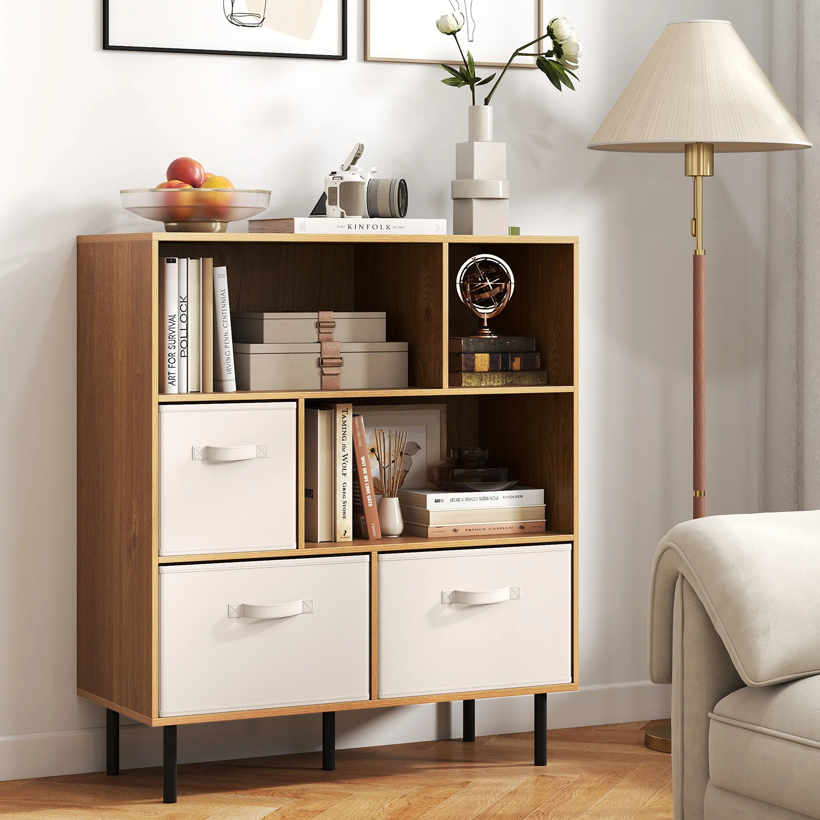 6-Cube Bookshelf with 3 Removable Folding Fabric Drawers for Living Room, Natural - Image 3