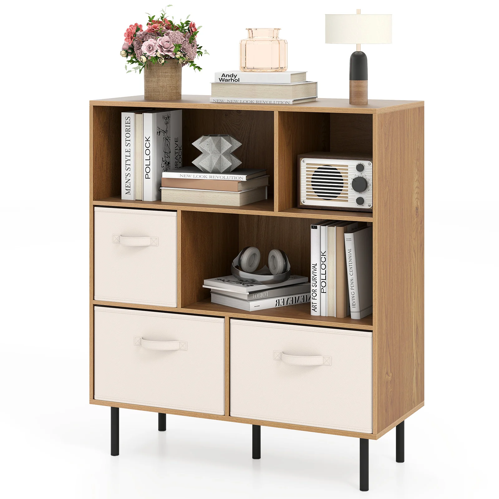 6-Cube Bookshelf with 3 Removable Folding Fabric Drawers for Living Room, Natural - Image 5
