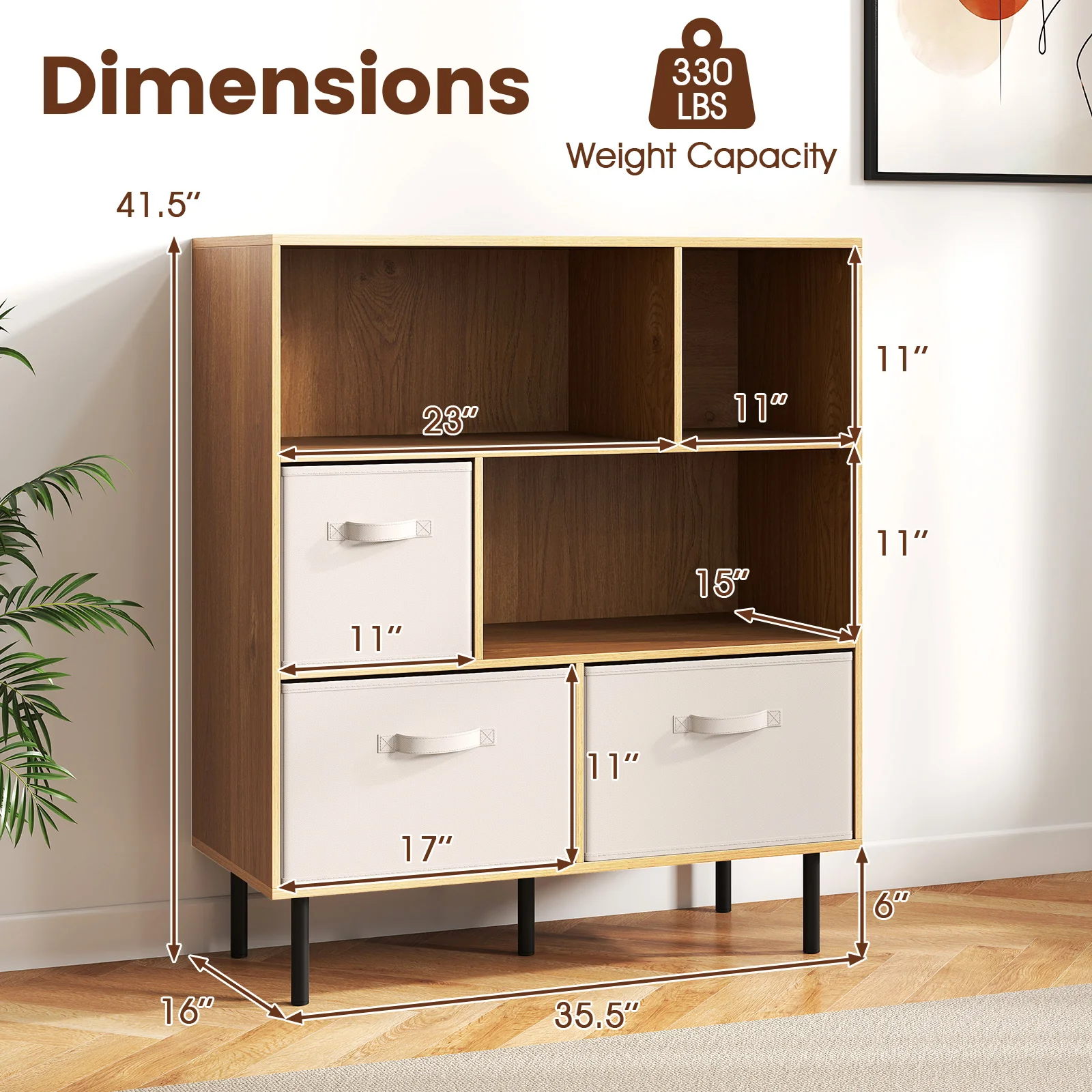 6-Cube Bookshelf with 3 Removable Folding Fabric Drawers for Living Room, Natural - Image 6