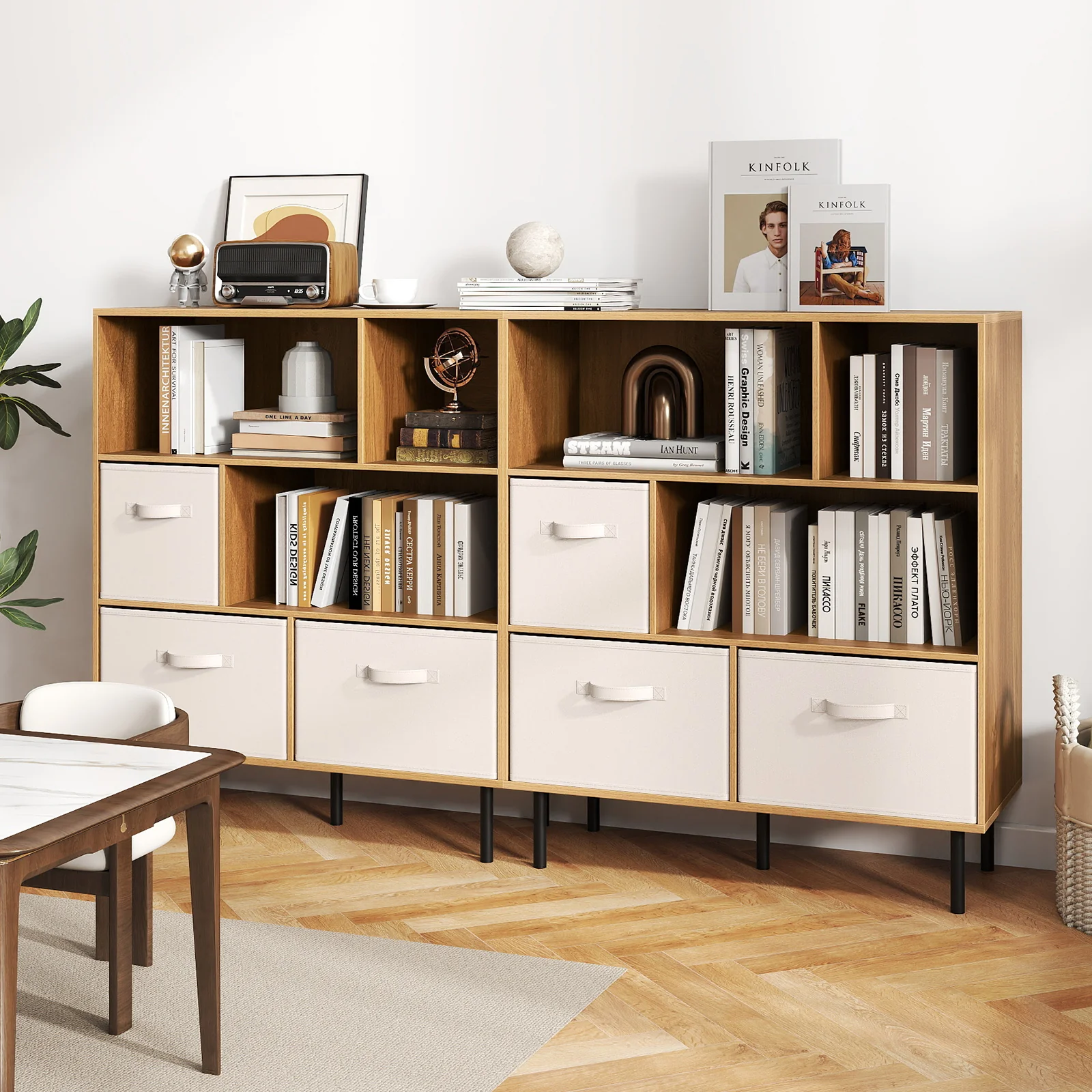 6-Cube Bookshelf with 3 Removable Folding Fabric Drawers for Living Room, Natural - Image 7