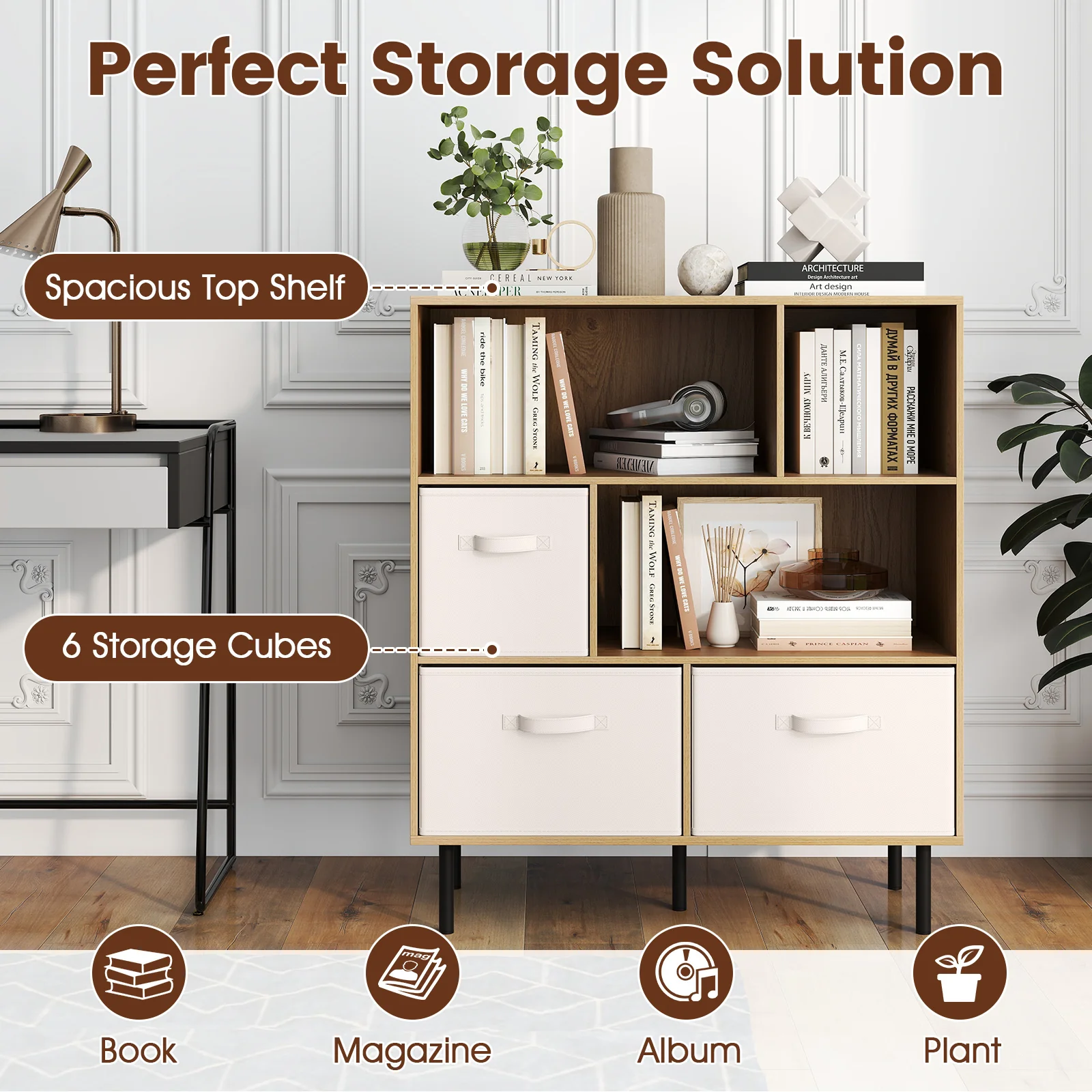 6-Cube Bookshelf with 3 Removable Folding Fabric Drawers for Living Room, Natural - Image 8