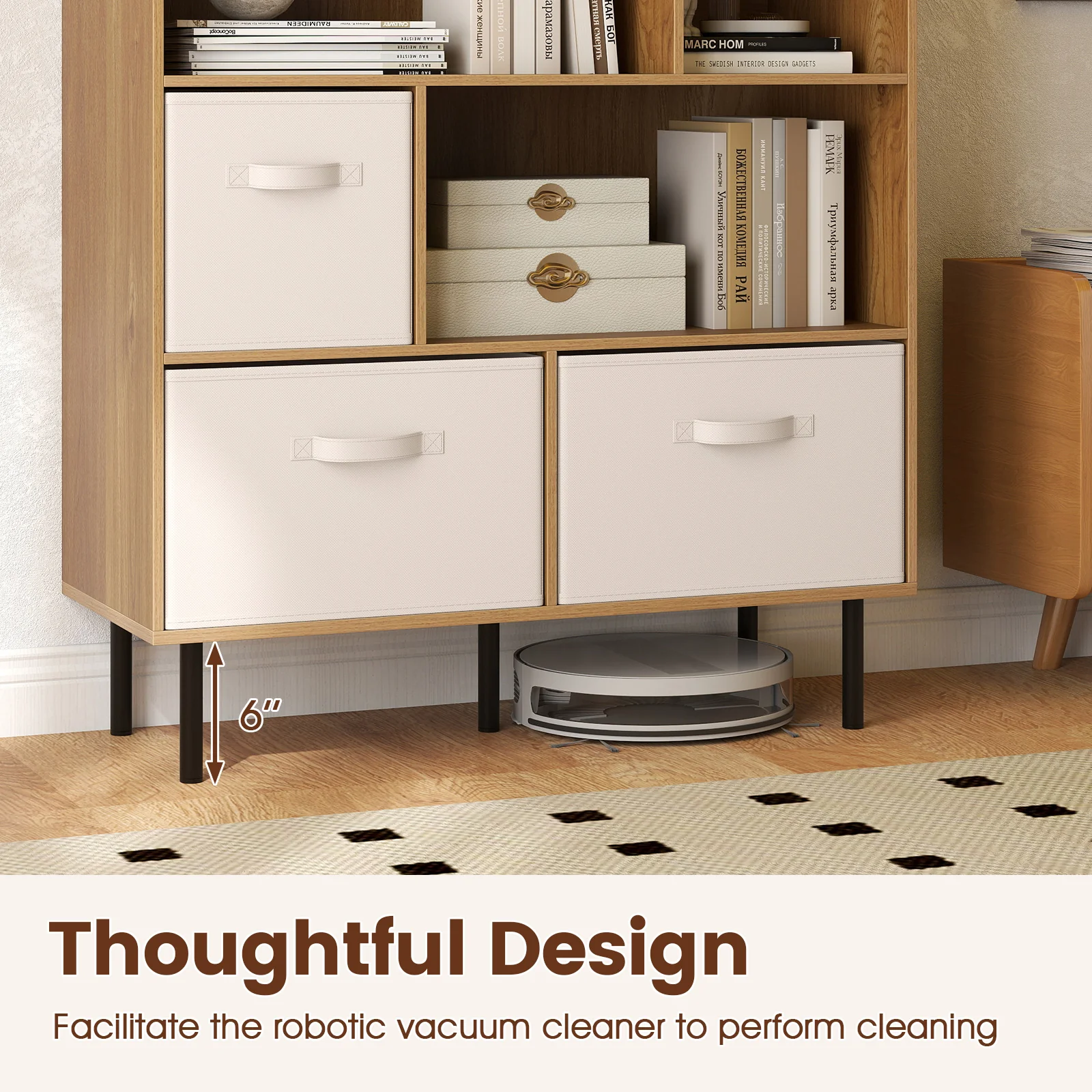 6-Cube Bookshelf with 3 Removable Folding Fabric Drawers for Living Room, Natural - Image 9