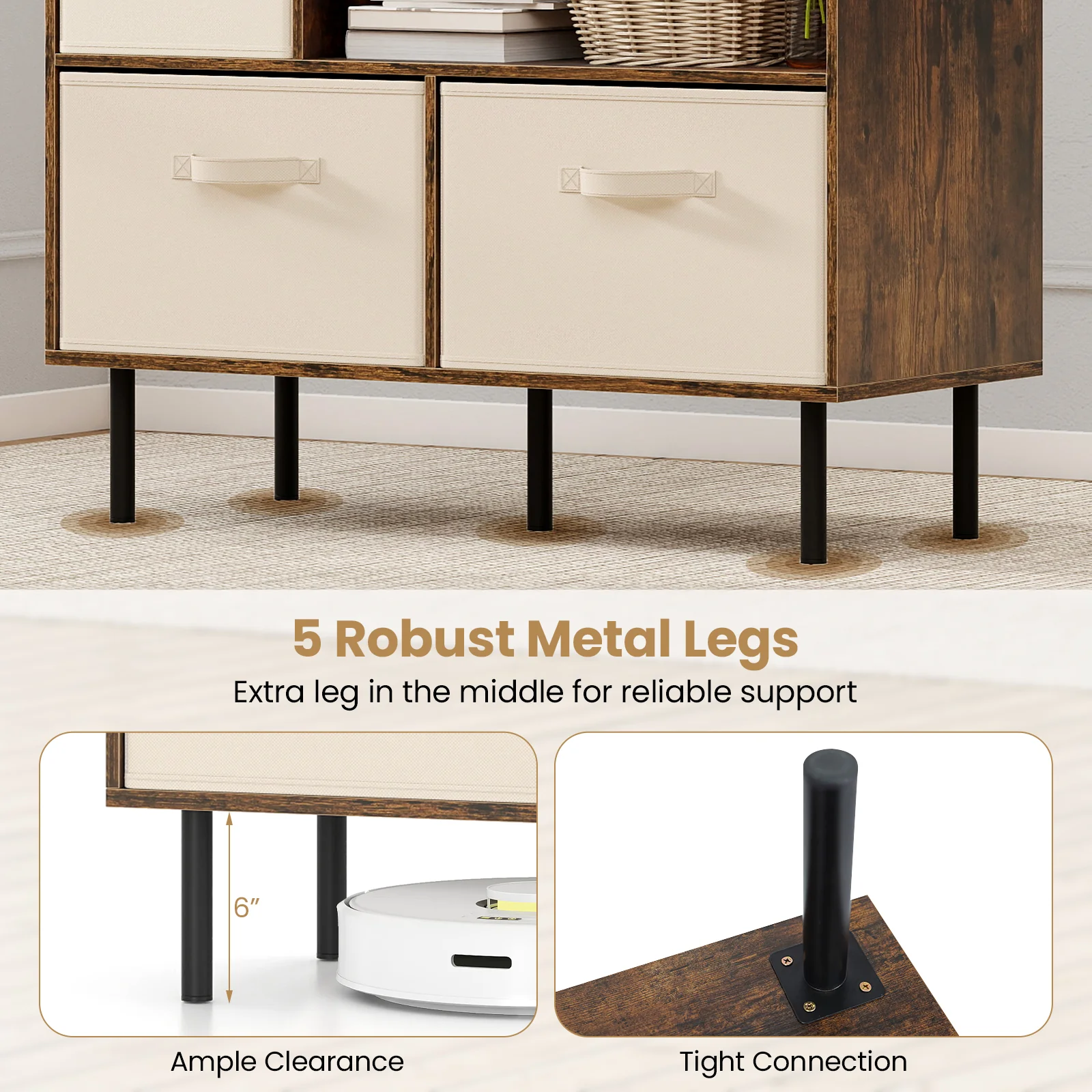 6-Cube Bookshelf with 3 Removable Folding Fabric Drawers for Living Room, Rustic Brown - Image 10