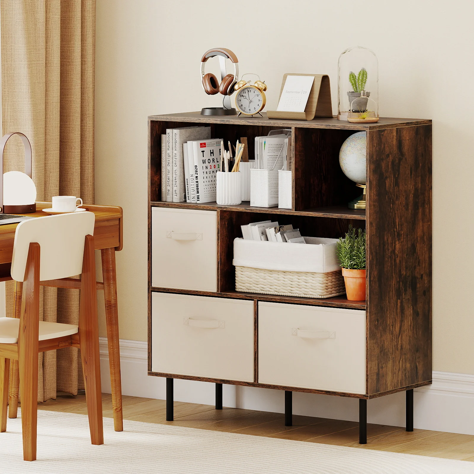 6-Cube Bookshelf with 3 Removable Folding Fabric Drawers for Living Room, Rustic Brown - Image 2