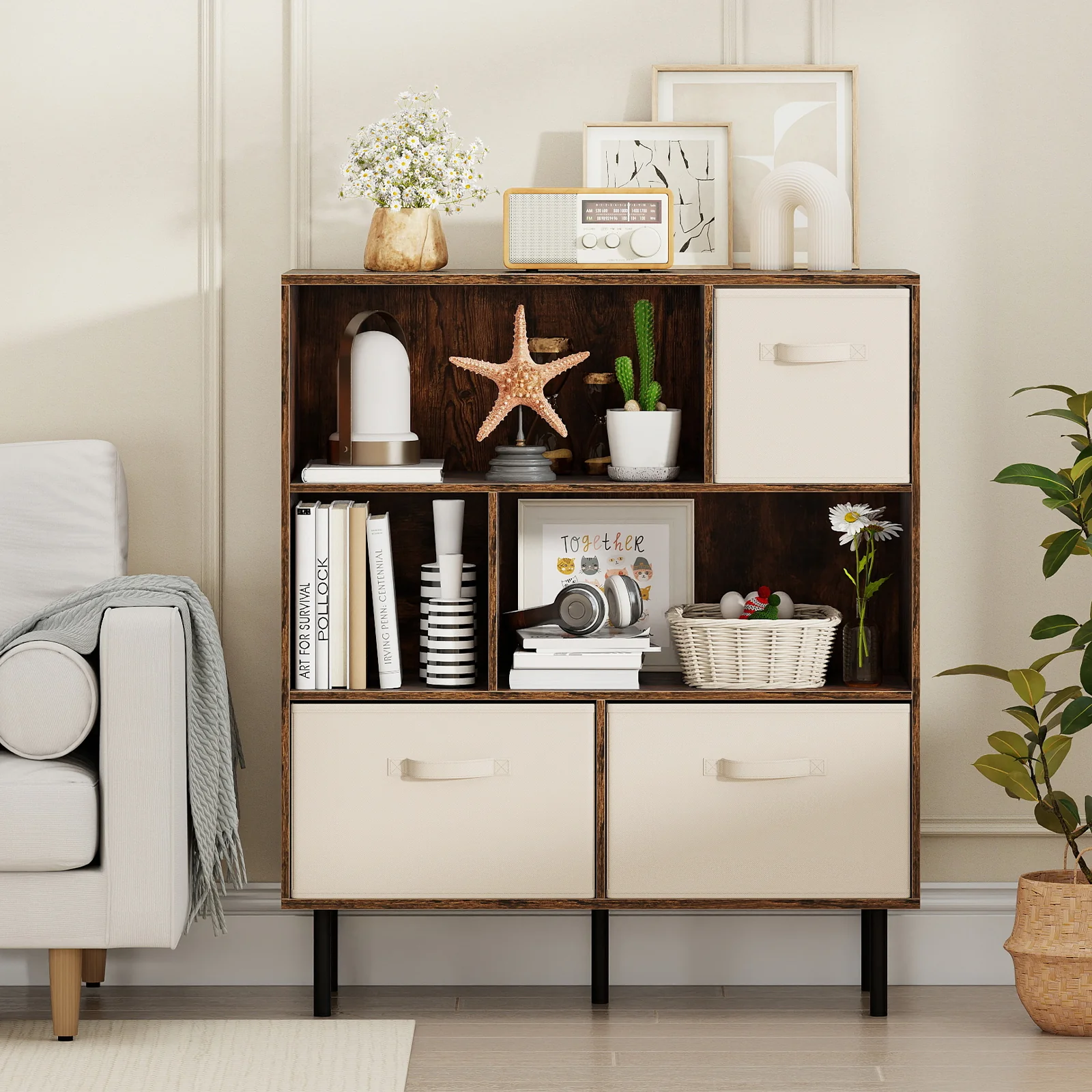 6-Cube Bookshelf with 3 Removable Folding Fabric Drawers for Living Room, Rustic Brown - Image 3