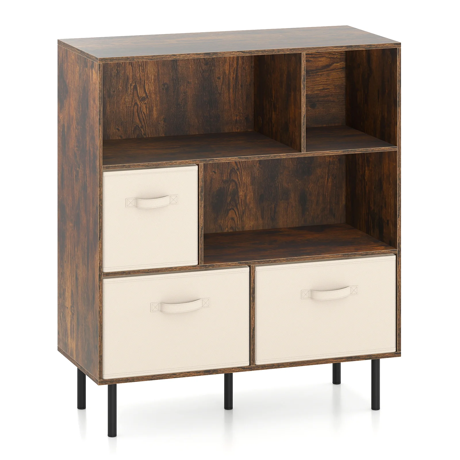 6-Cube Bookshelf with 3 Removable Folding Fabric Drawers for Living Room, Rustic Brown - Image 4