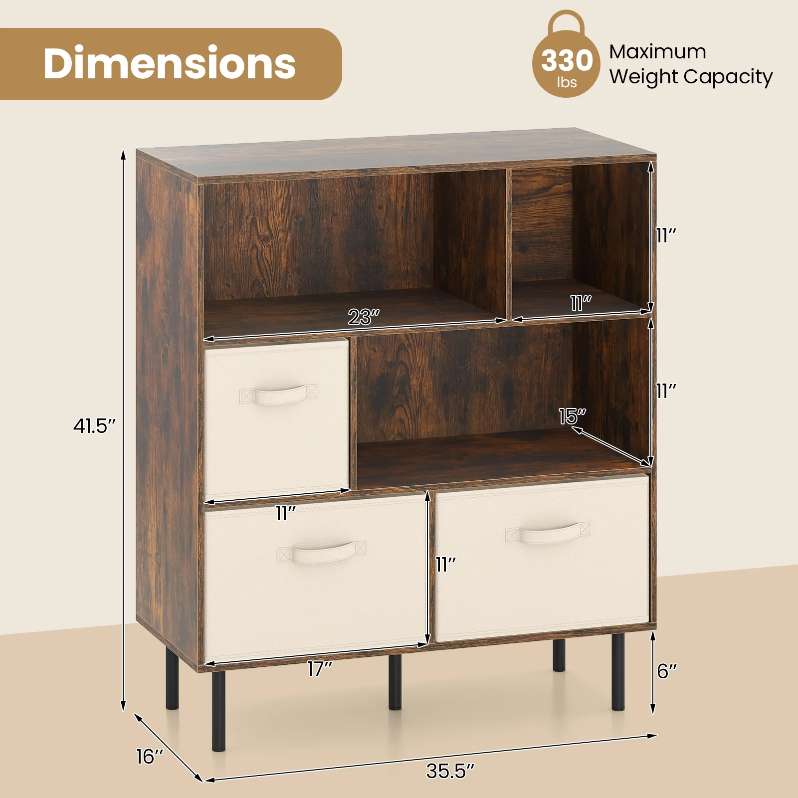 6-Cube Bookshelf with 3 Removable Folding Fabric Drawers for Living Room, Rustic Brown - Image 6