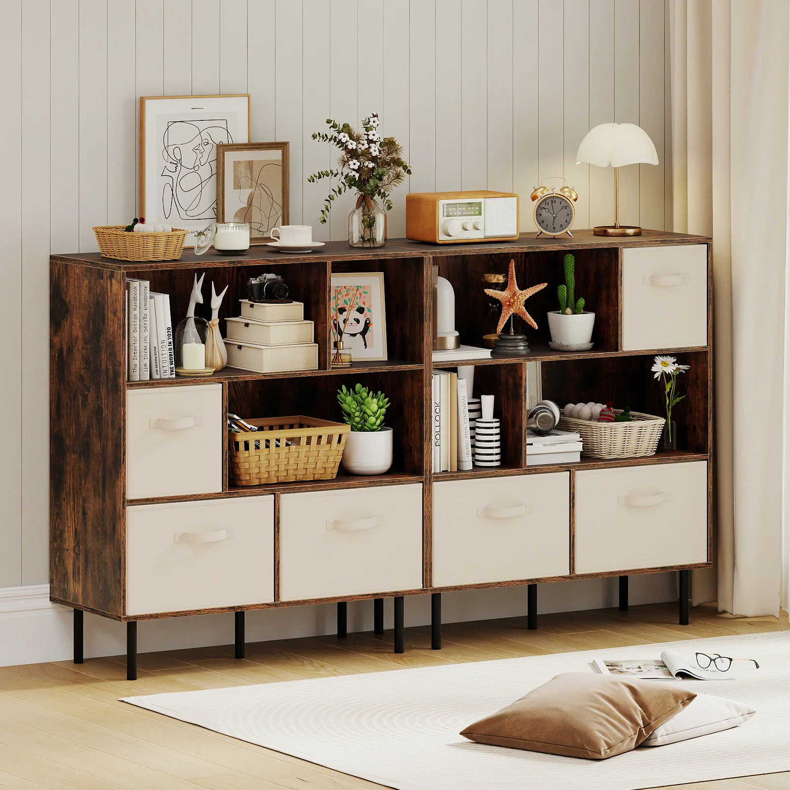 6-Cube Bookshelf with 3 Removable Folding Fabric Drawers for Living Room, Rustic Brown - Image 7