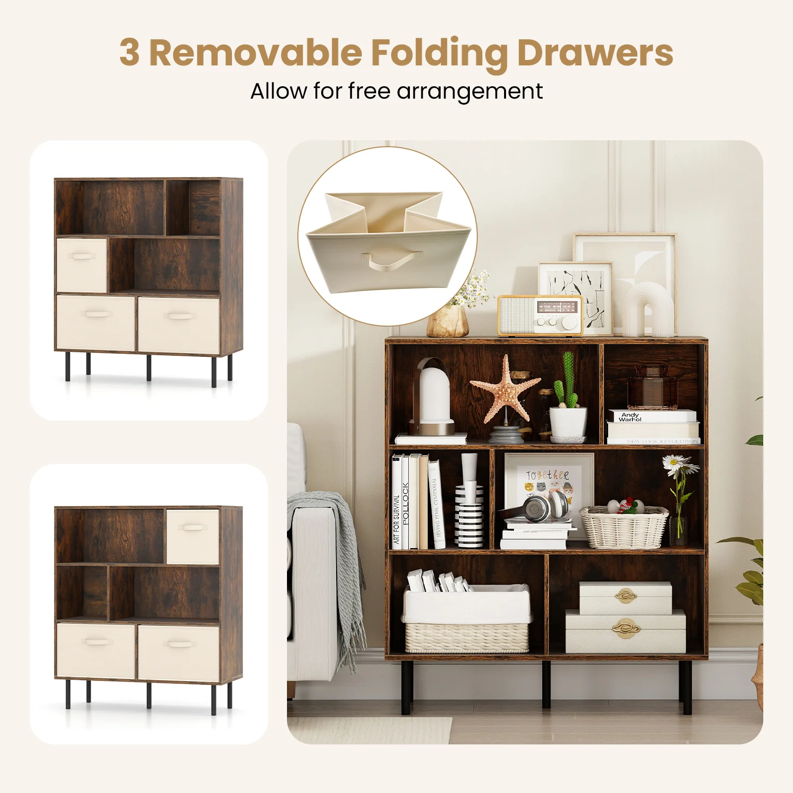 6-Cube Bookshelf with 3 Removable Folding Fabric Drawers for Living Room, Rustic Brown - Image 8