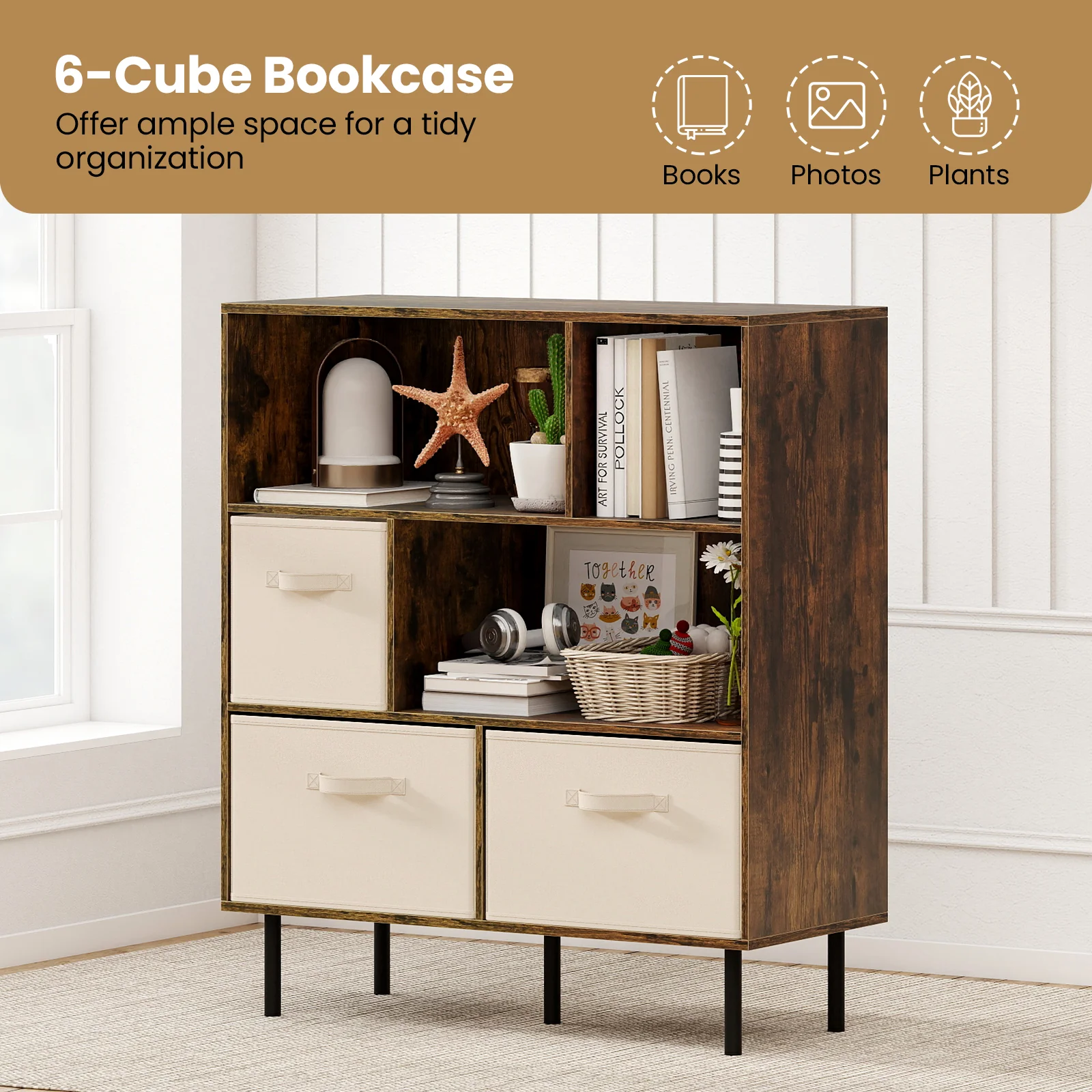 6-Cube Bookshelf with 3 Removable Folding Fabric Drawers for Living Room, Rustic Brown - Image 9
