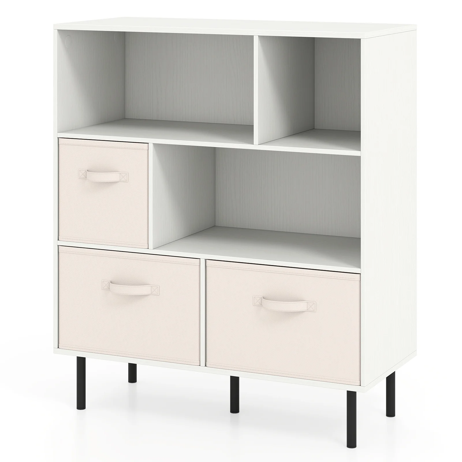 6-Cube Bookshelf with 3 Removable Folding Fabric Drawers for Living Room, White